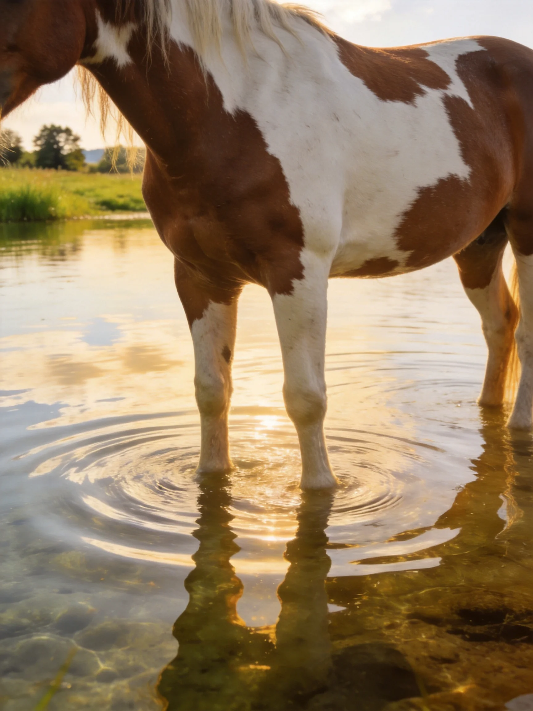 A brown and white pinto horse stands in sunlit shallow water near green fields