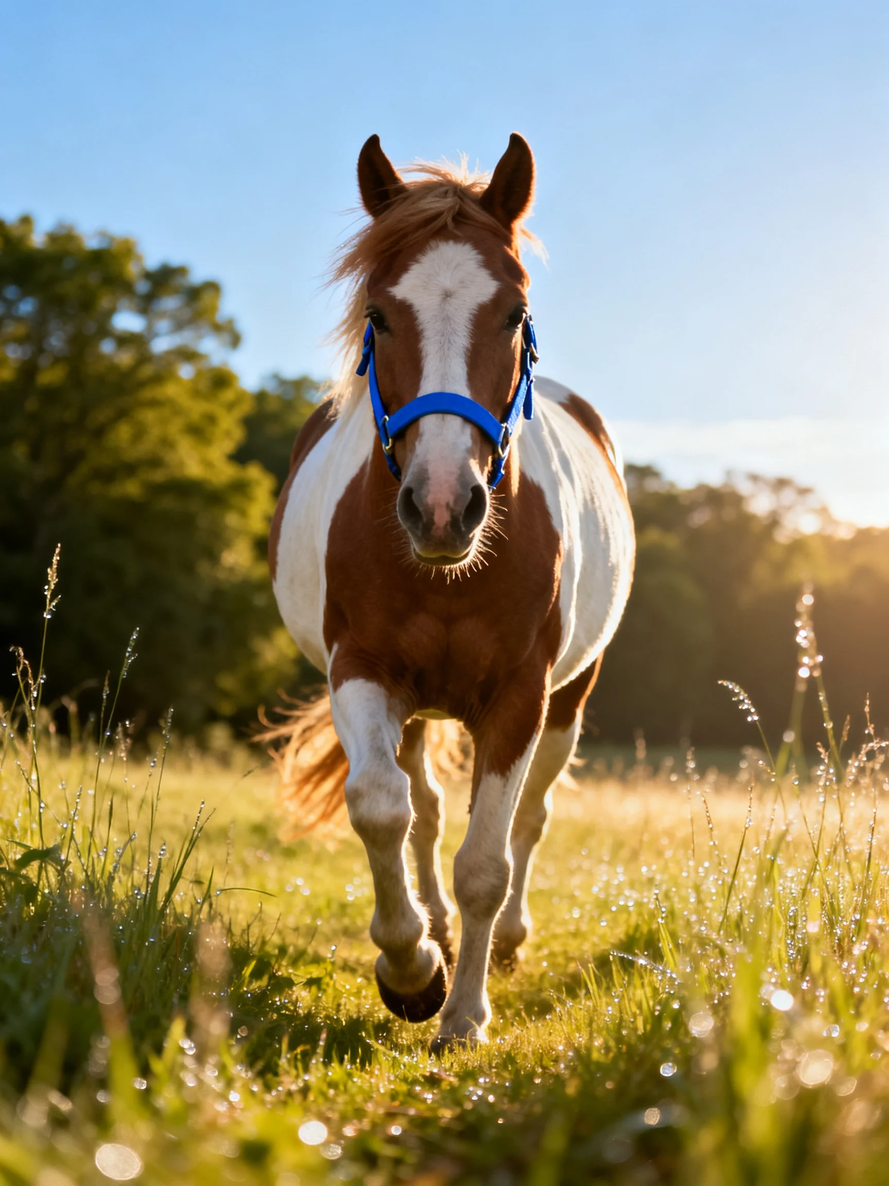 A brown and white pinto horse with blue halter runs through dewy meadow