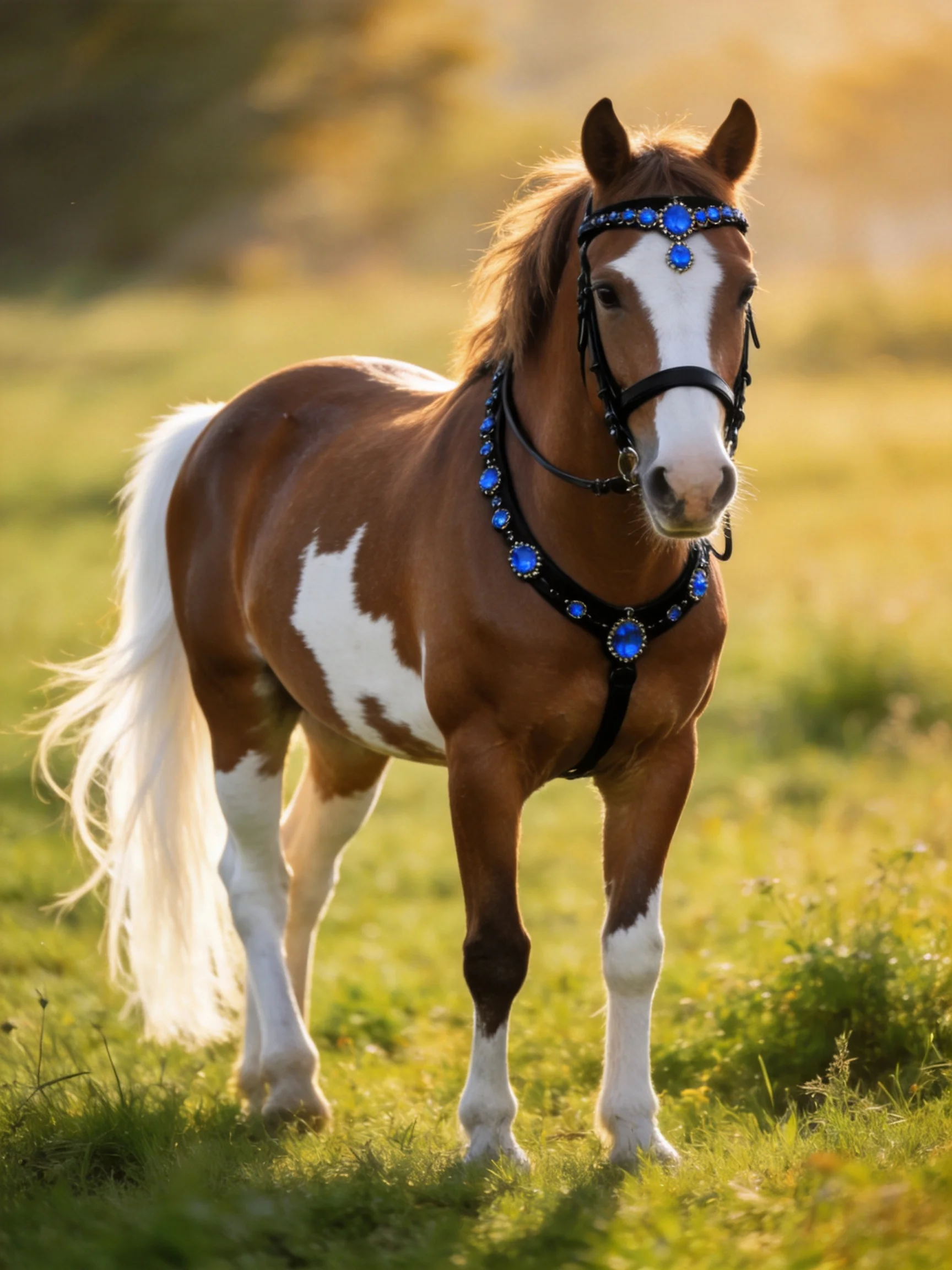 A brown and white pony decorated with blue accessories in a golden meadow