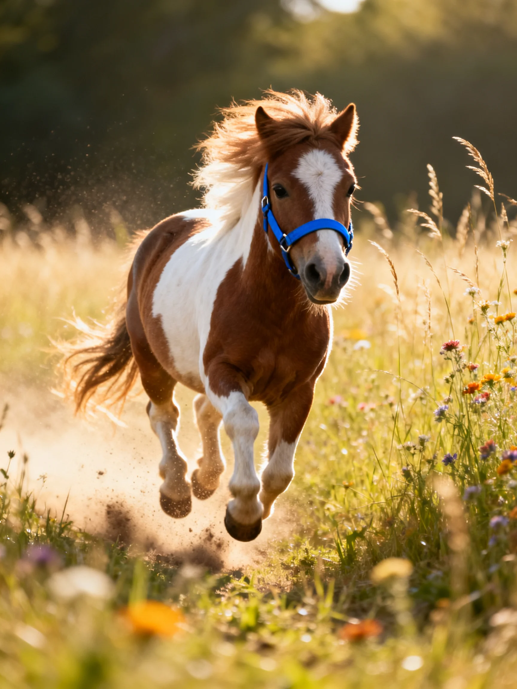 A brown and white pony gallops through a sunlit wildflower meadow