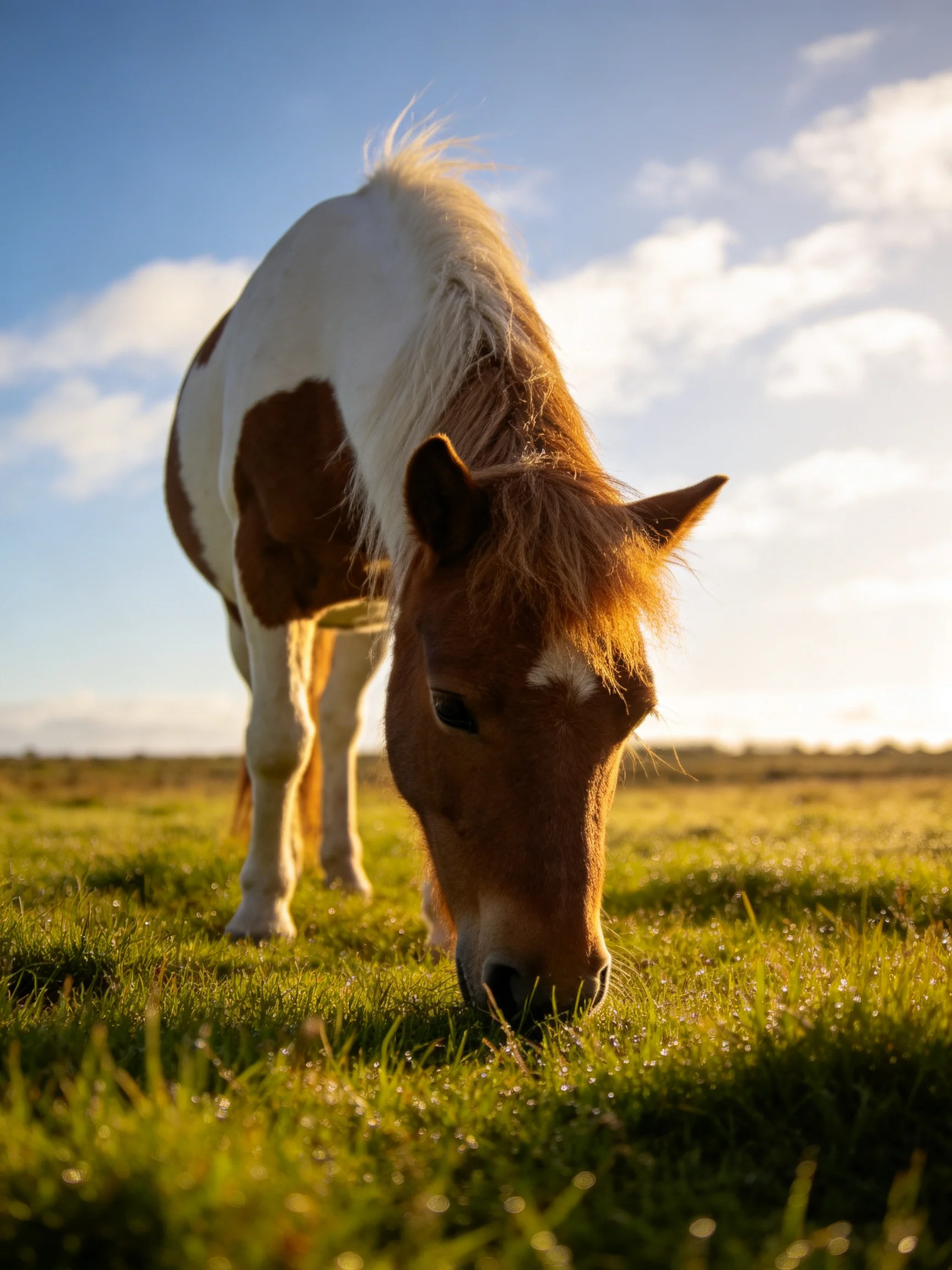 A brown and white pony grazes in a sunlit green meadow