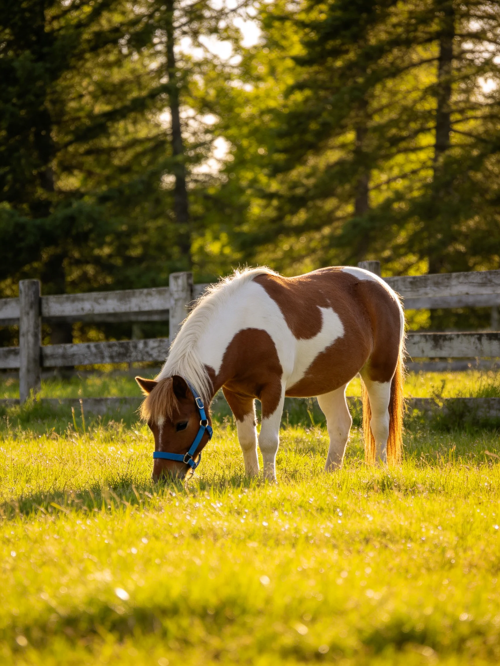 A brown and white pony grazes in a sunlit meadow with a wooden fence