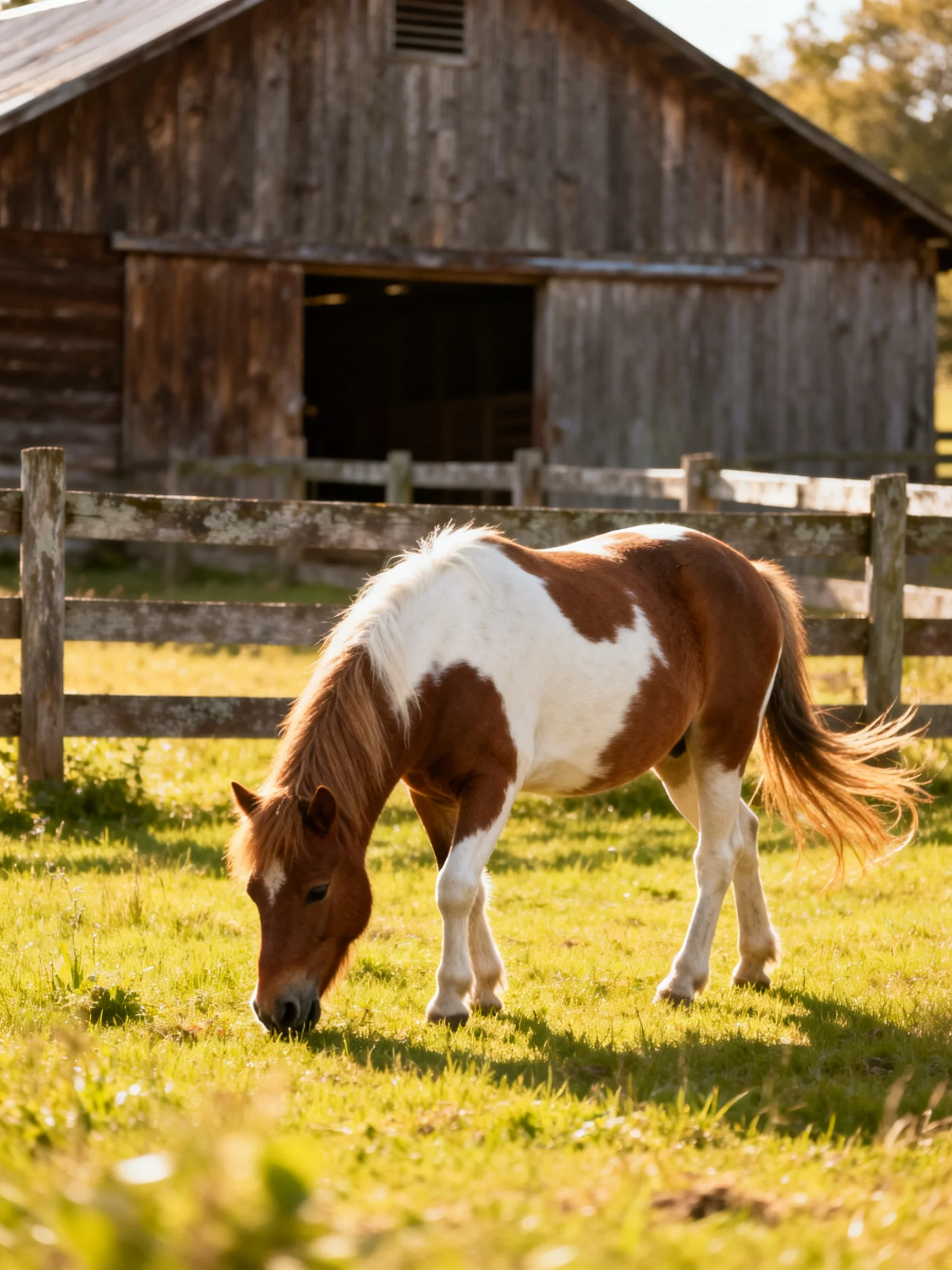 A brown and white pony grazes near an old wooden barn