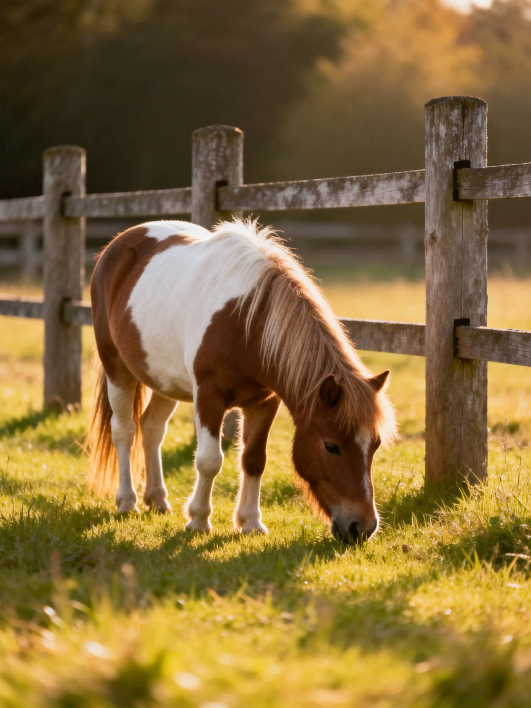 A brown and white pony grazing by an aged wooden fence