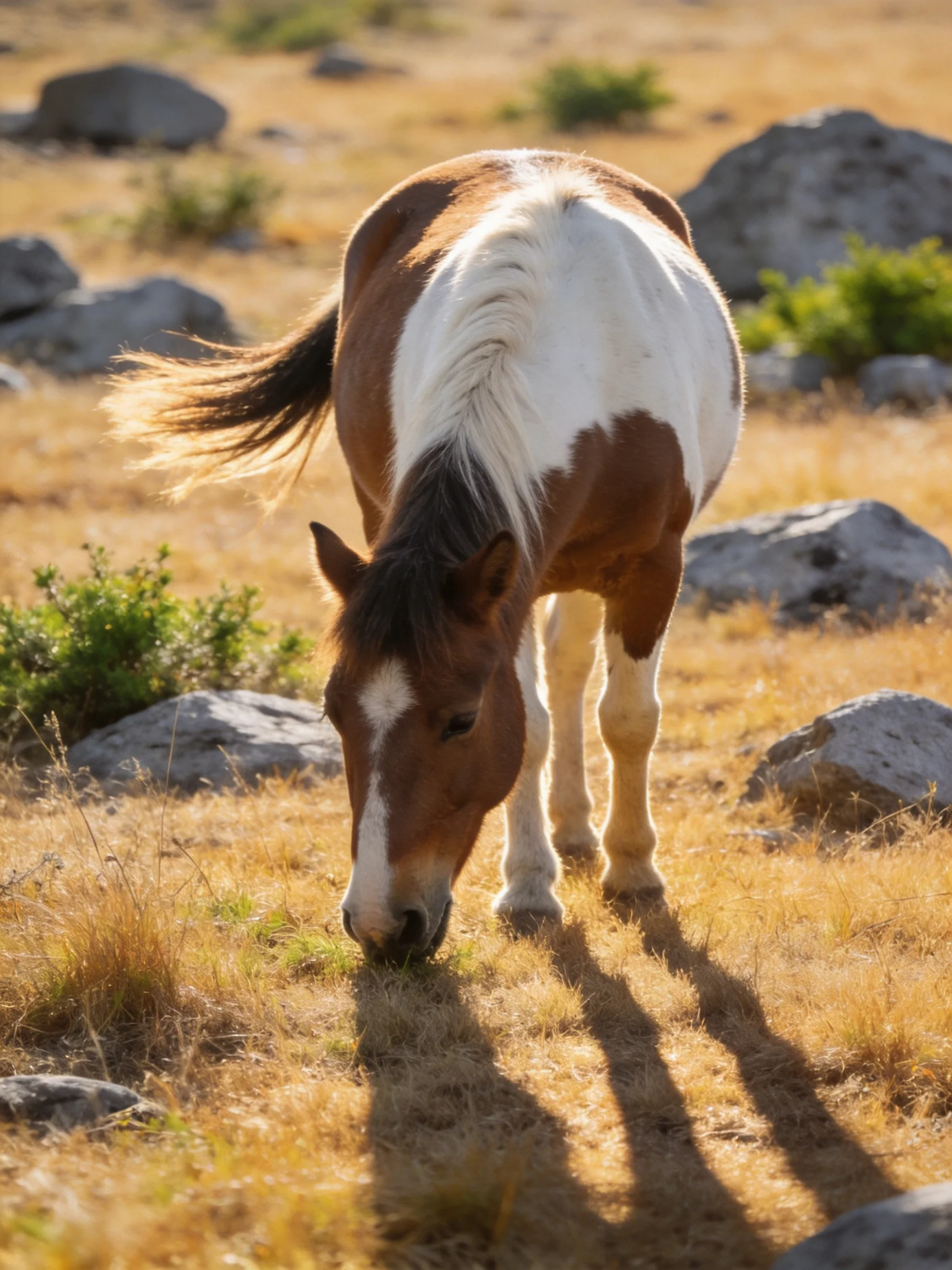 A brown and white pony grazing in a rocky, sunlit field