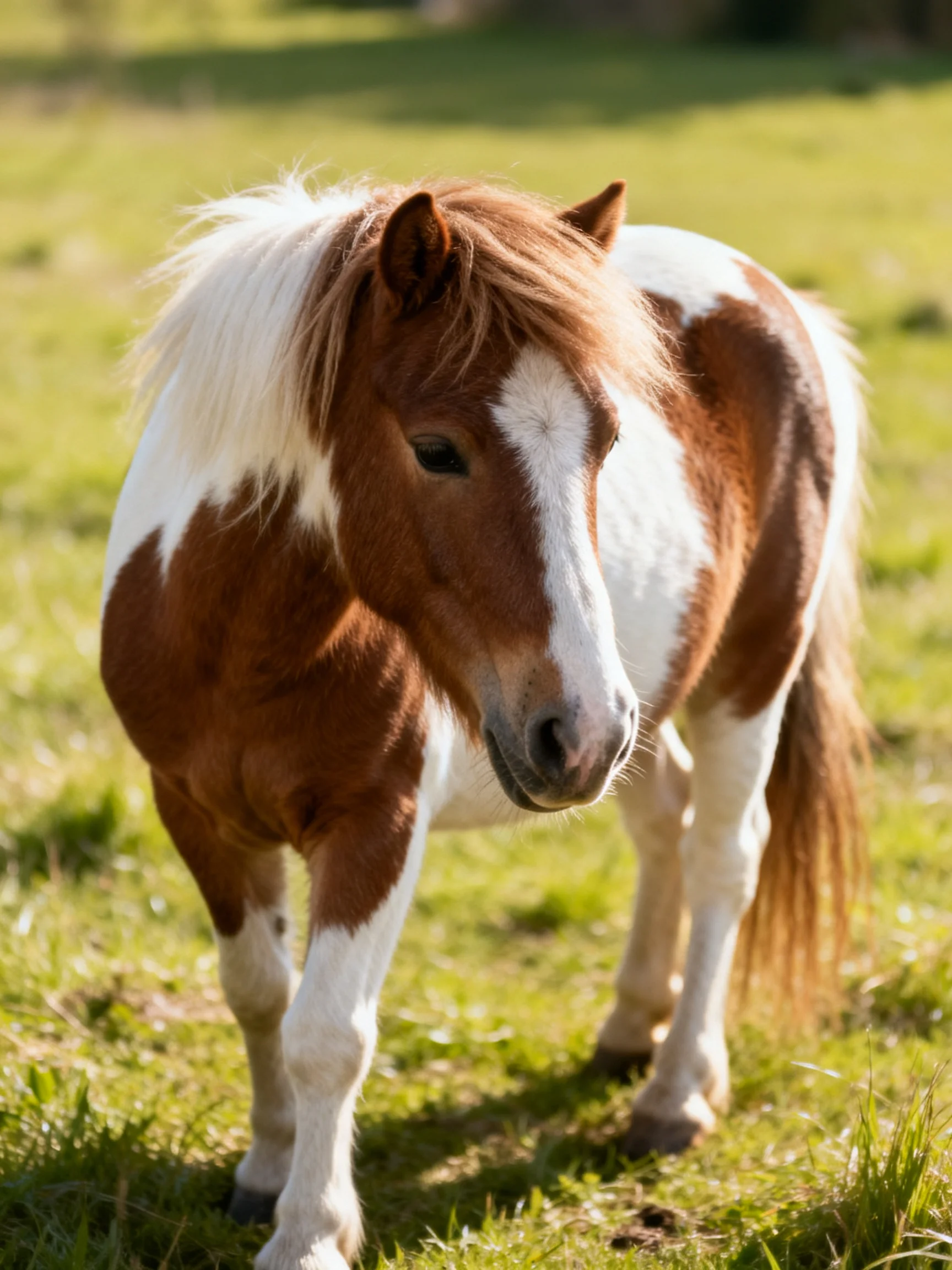 A brown and white pony in a sunlit grassy meadow