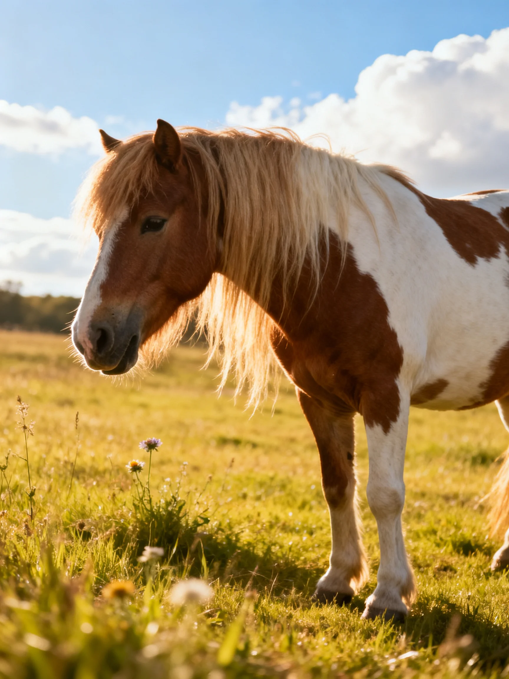 A brown and white pony in a sunlit meadow with wildflowers