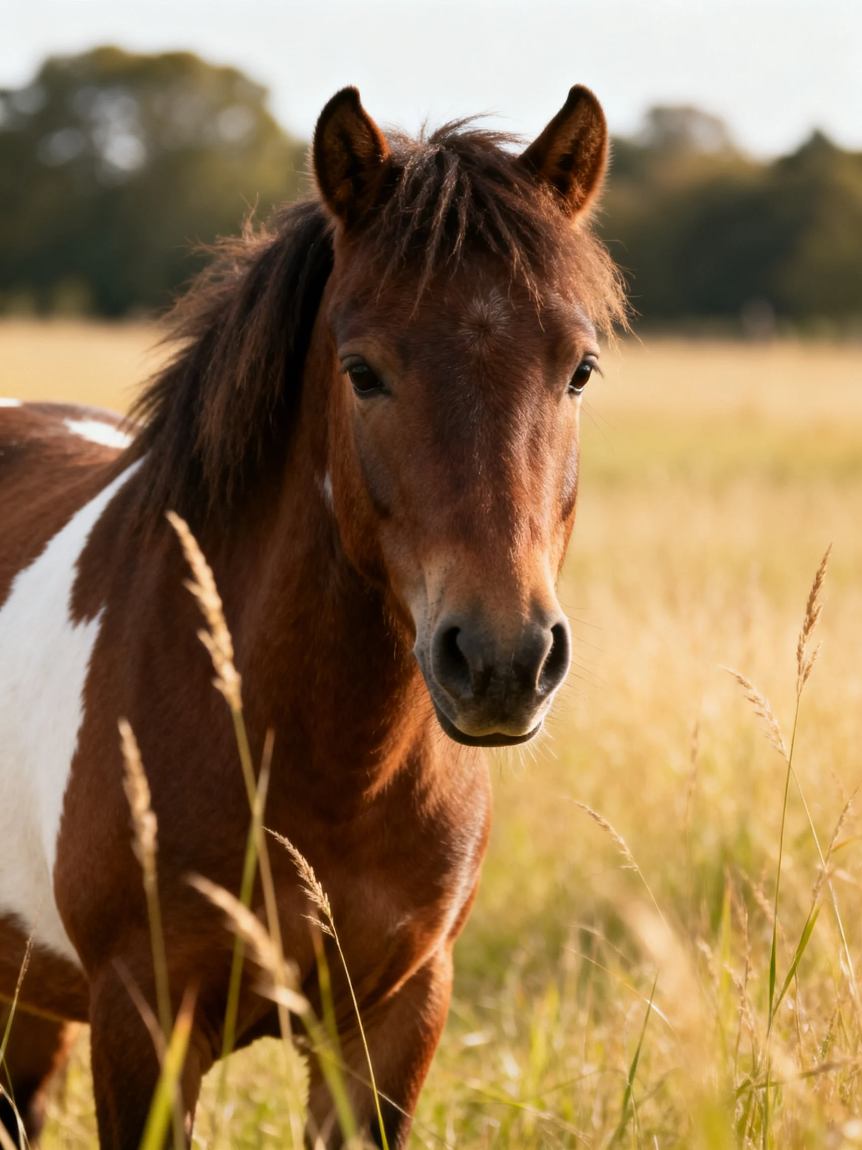 A brown and white pony in golden grassy fields under bright sunlight