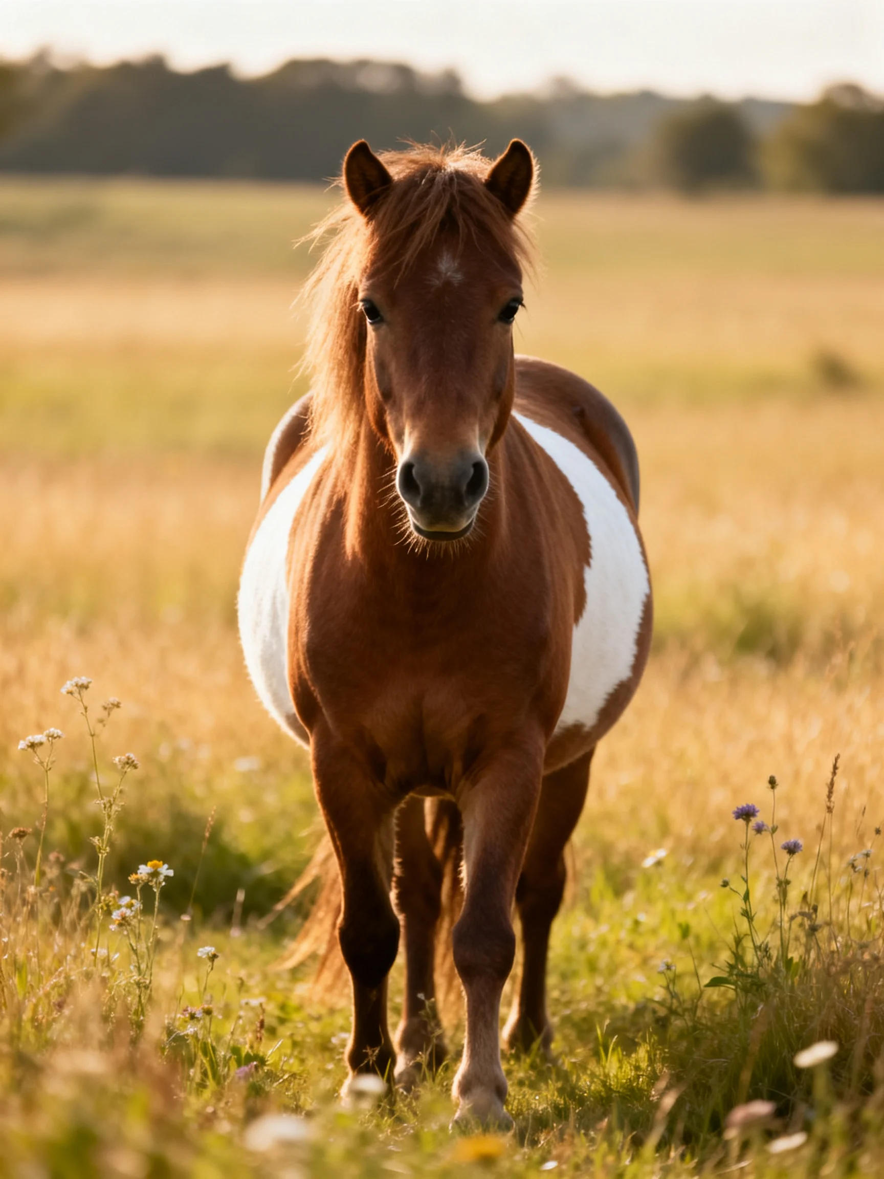 A brown and white pony standing in a sunlit meadow with wildflowers