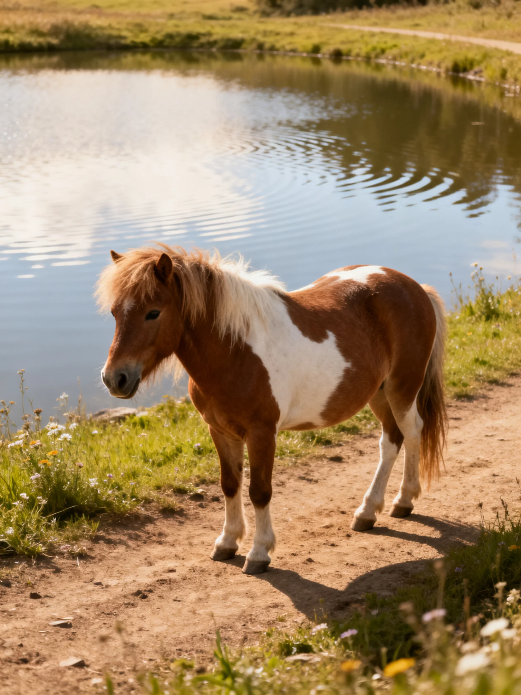 A brown and white pony stands by a calm pond on a sunny day