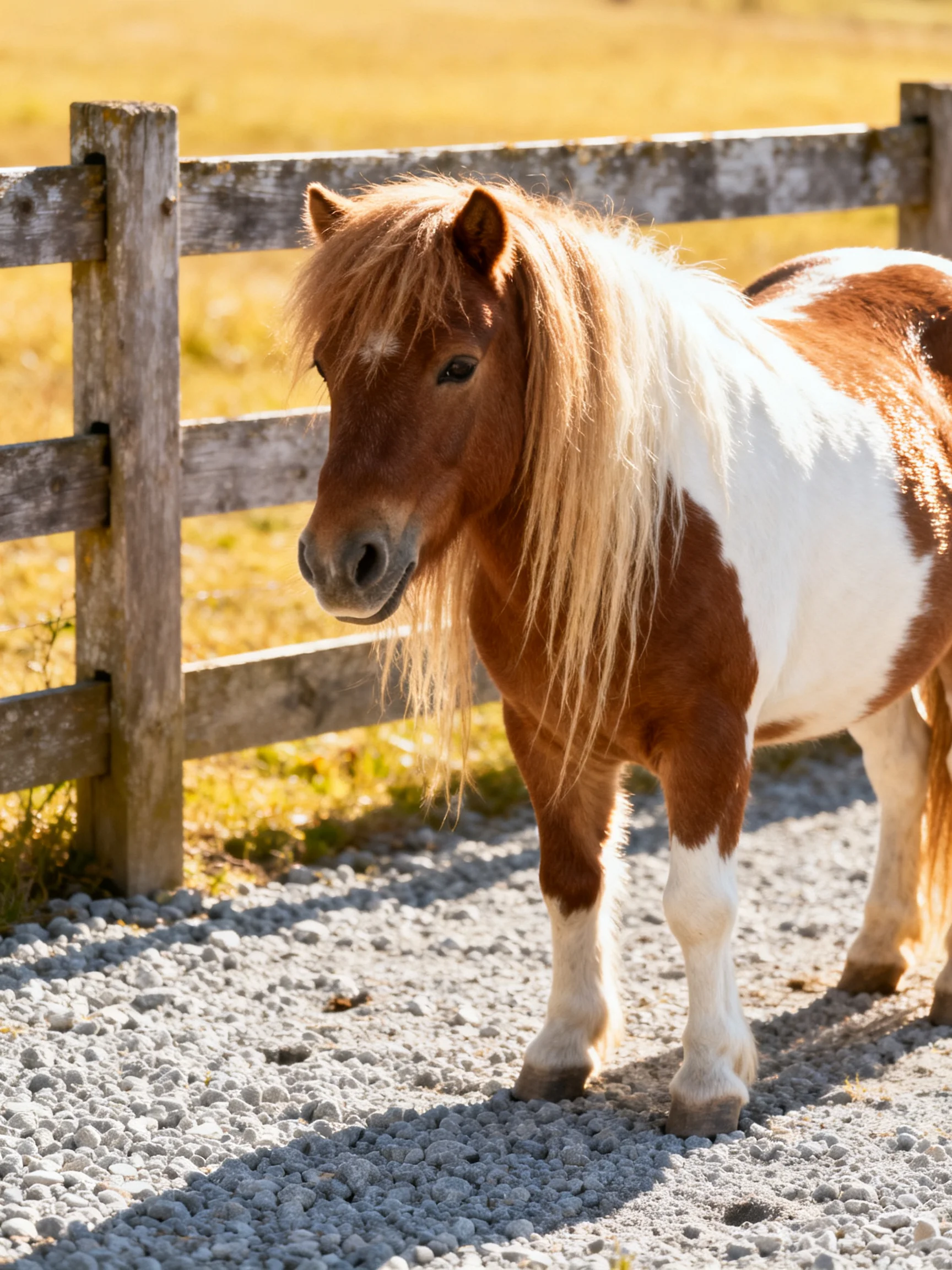 A brown and white pony stands by an aged wooden fence