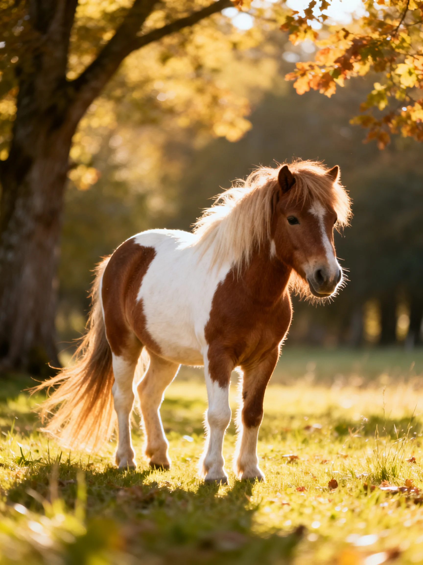 A brown and white pony stands in a sunlit autumn meadow