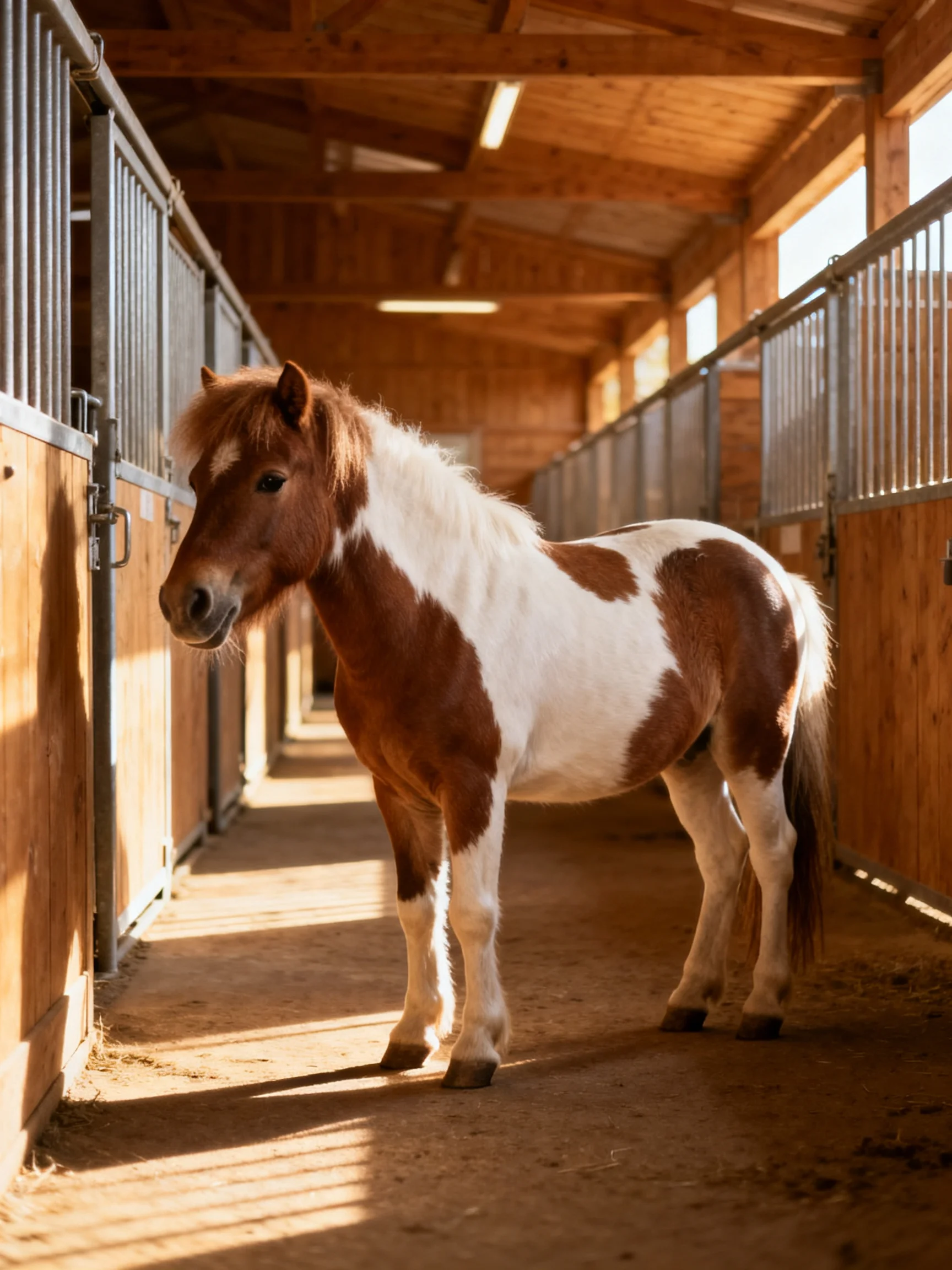 A brown and white pony stands in a sunlit wooden stable corridor