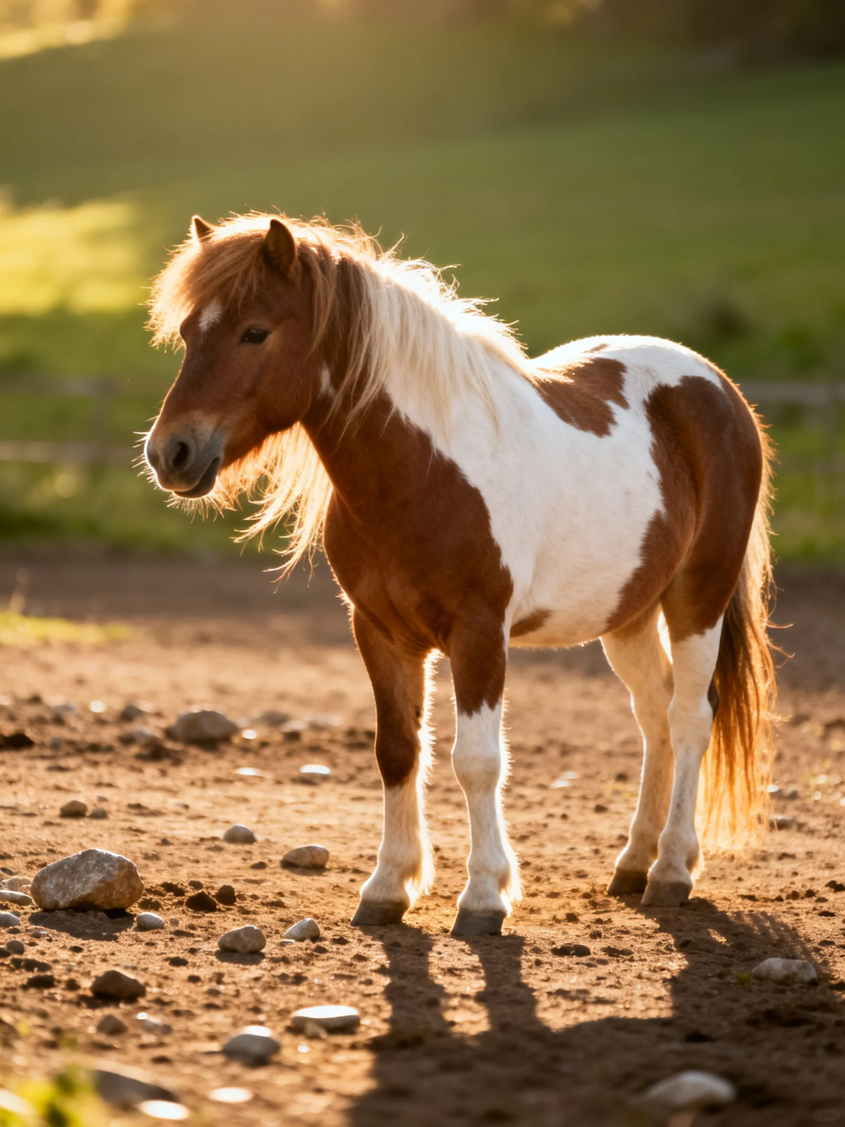 A brown and white pony stands on rocky dirt near green fields