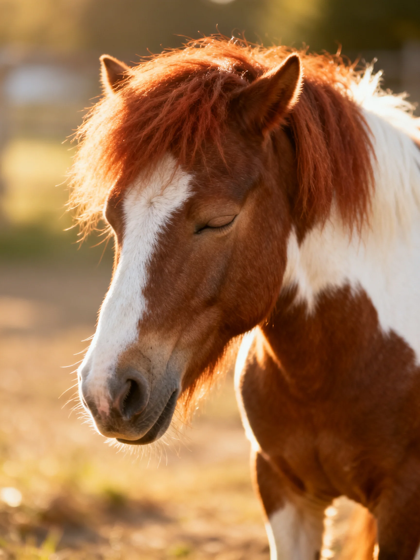 A brown and white pony stands serenely in golden sunlight