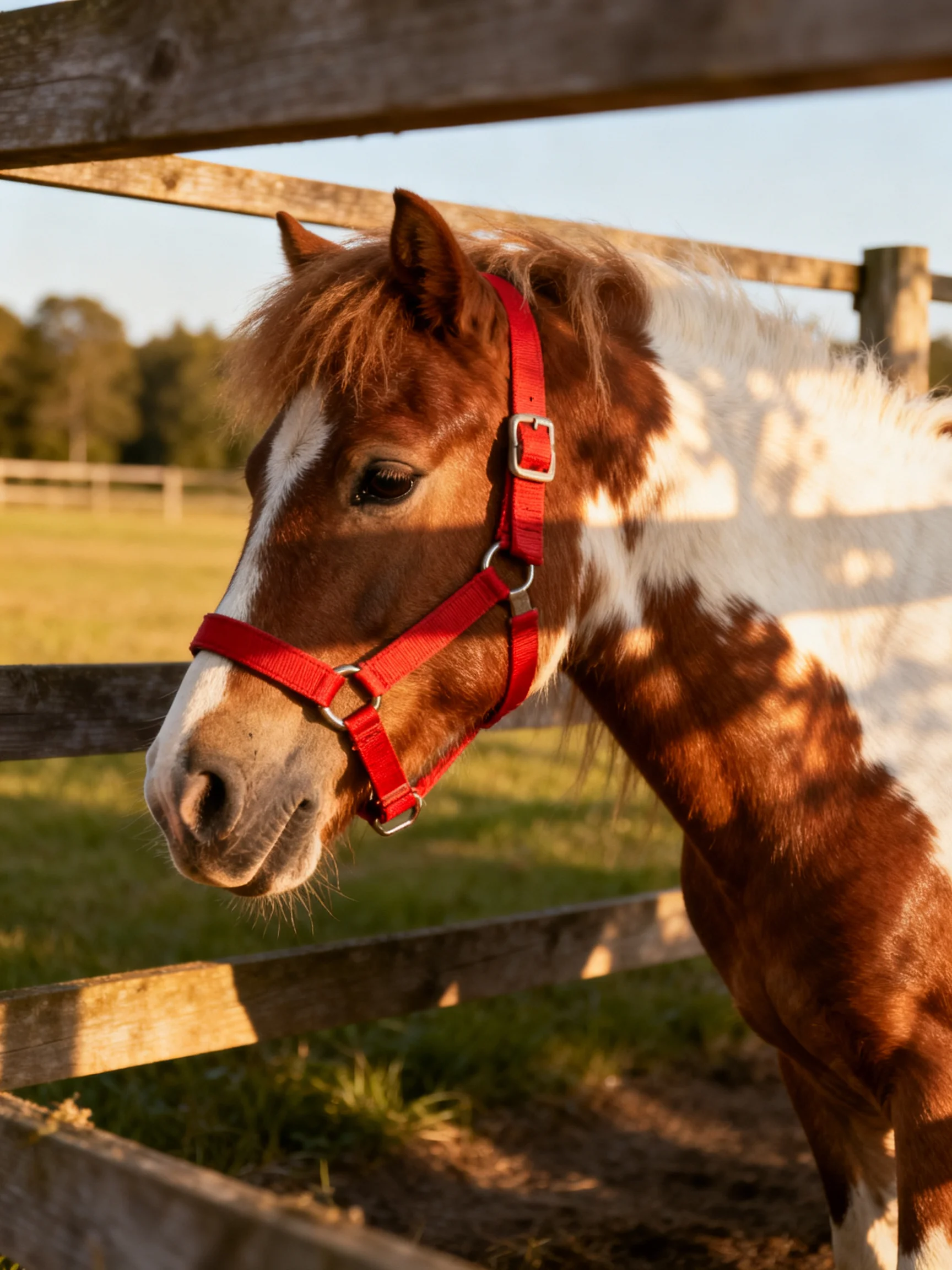 A brown and white pony with a red halter near a wooden fence