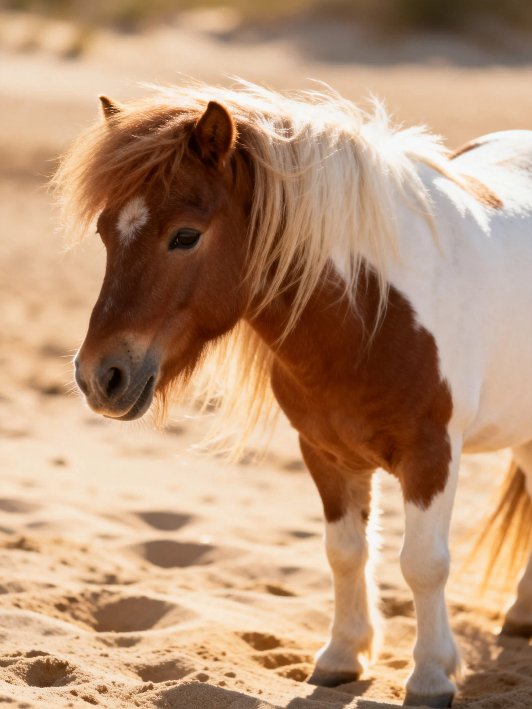 A brown and white pony with flowing blonde mane on sandy terrain