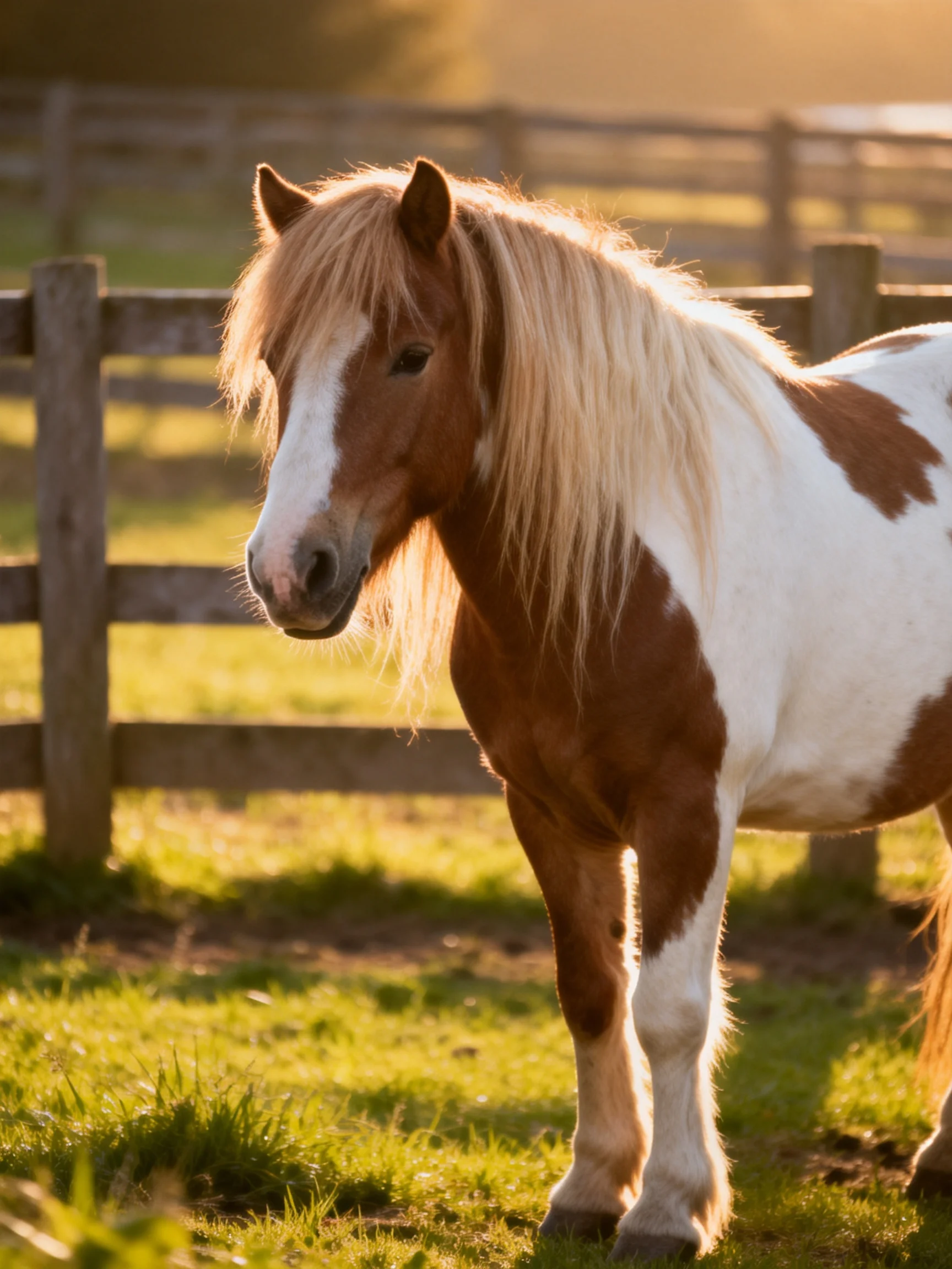 A brown and white pony with long blonde mane in a fenced pasture