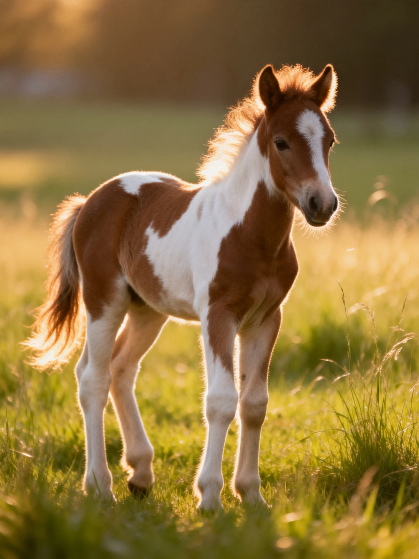 A brown and white spotted foal in a sunlit meadow