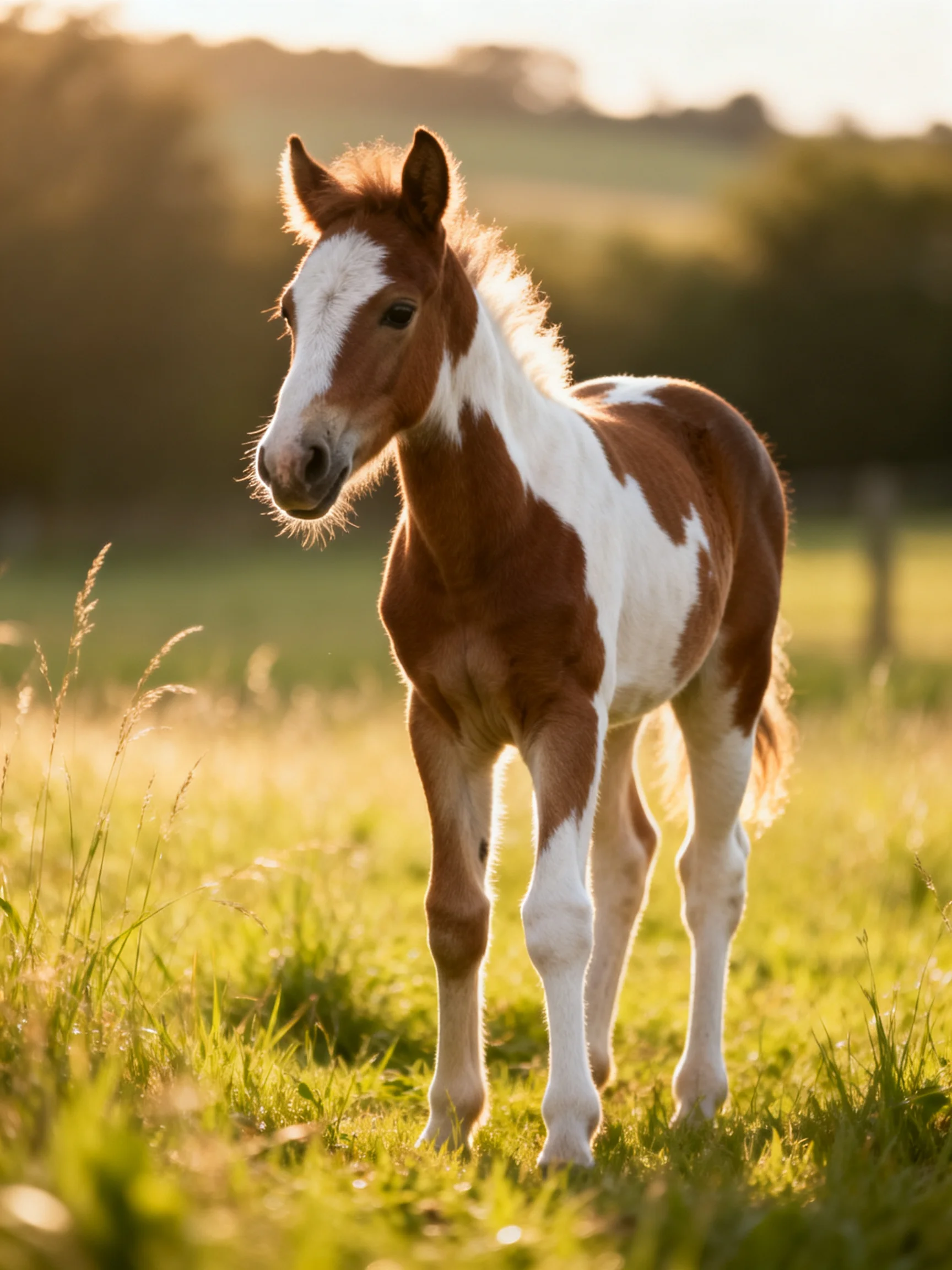 A brown and white spotted foal stands in a sunlit meadow