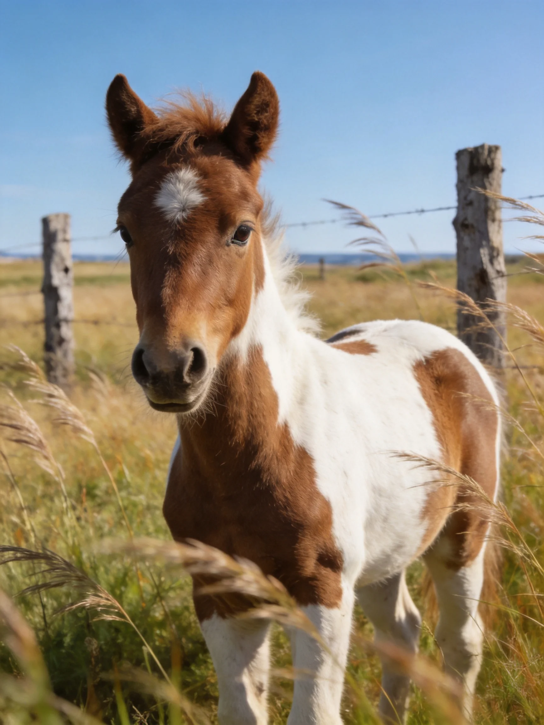 A brown and white spotted foal stands near weathered wooden posts in a sunny field
