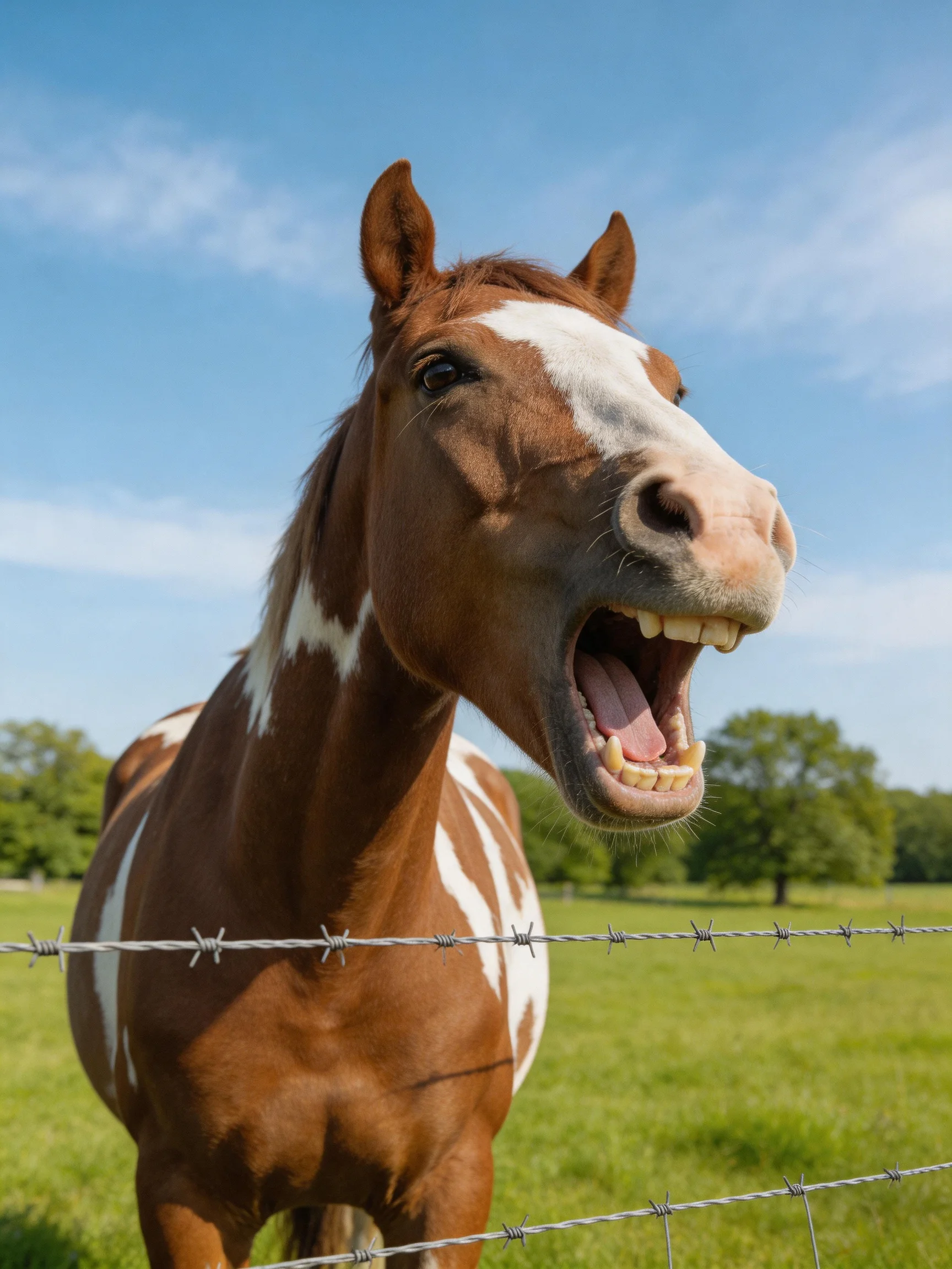 A brown and white spotted horse stands by a barbed wire fence in a sunny pasture.