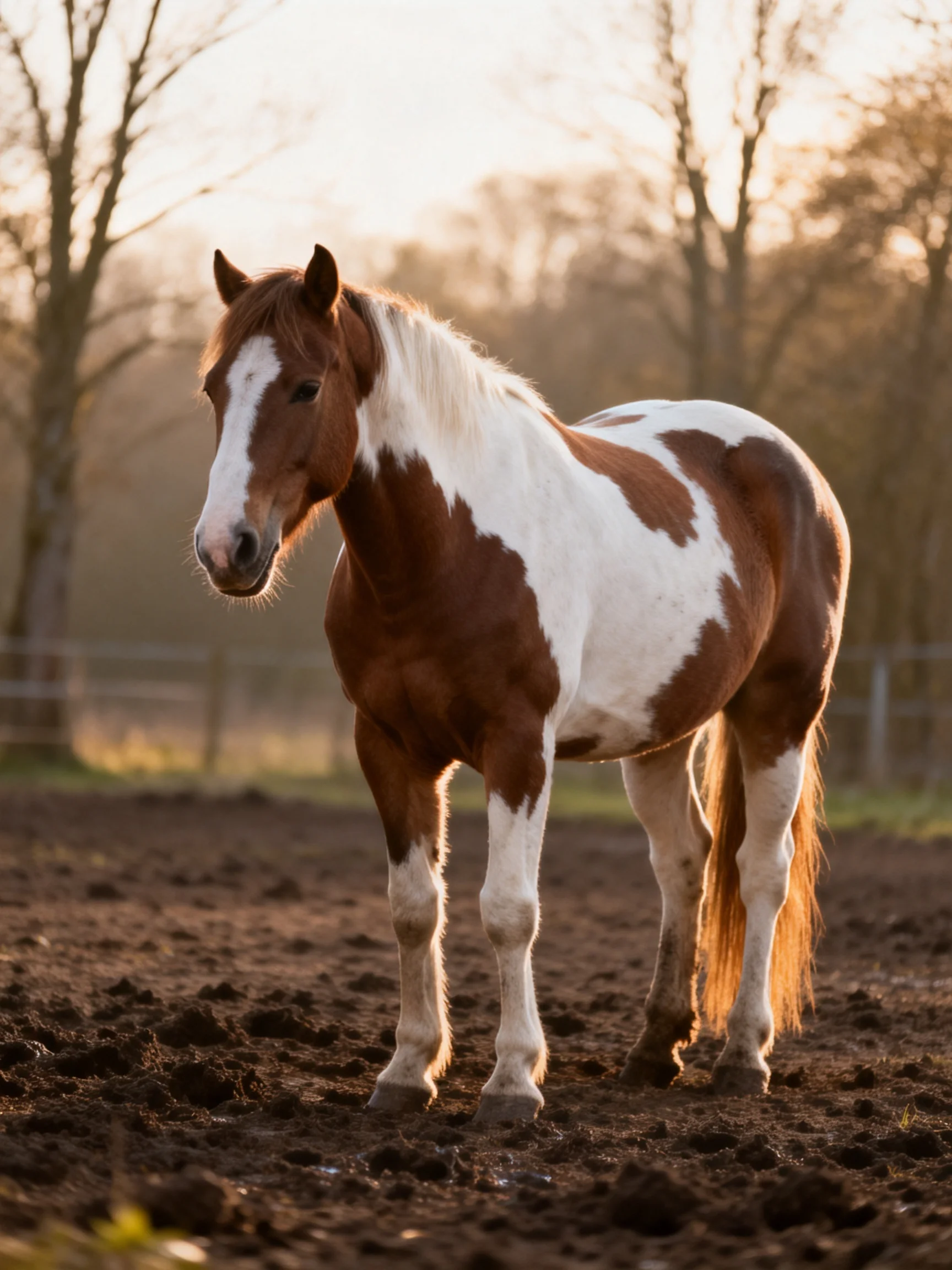 A brown and white spotted horse stands in a sunlit fenced pasture.