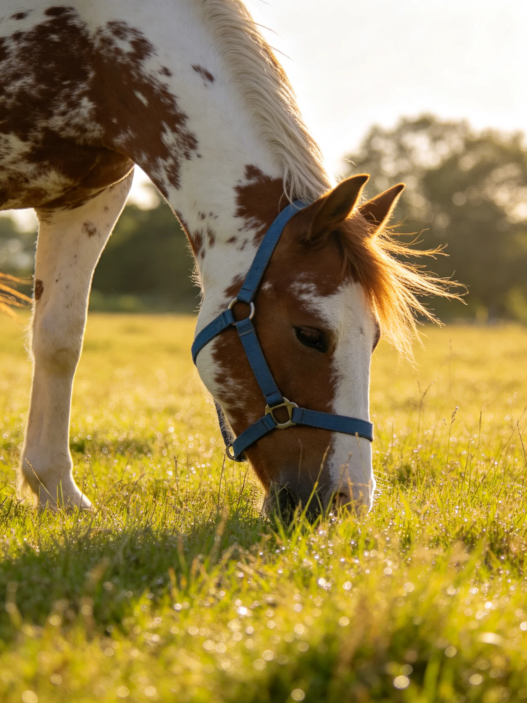 A brown and white spotted horse with a blue halter grazes in a sunlit meadow