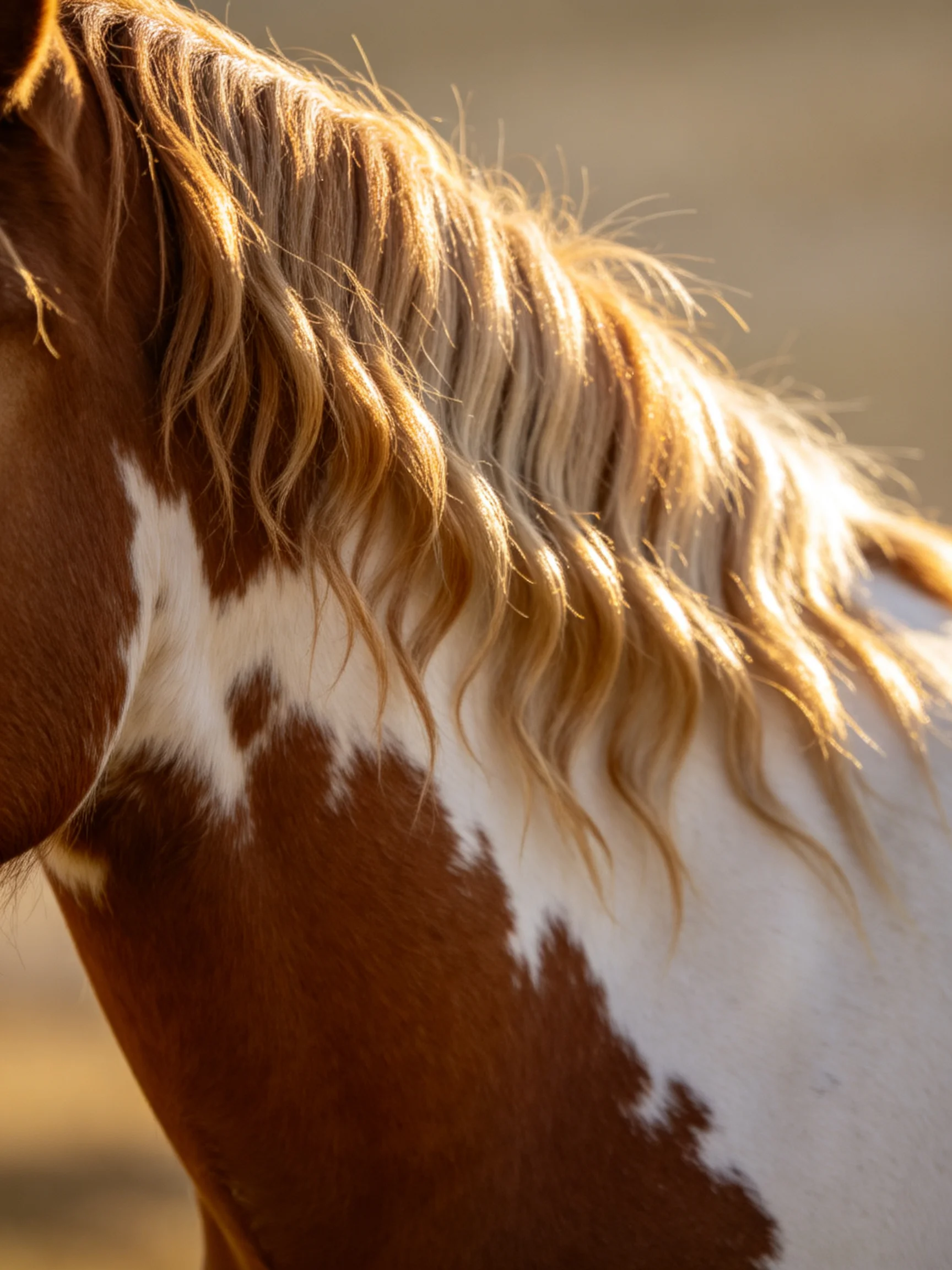 A brown and white spotted horse with a golden wavy mane