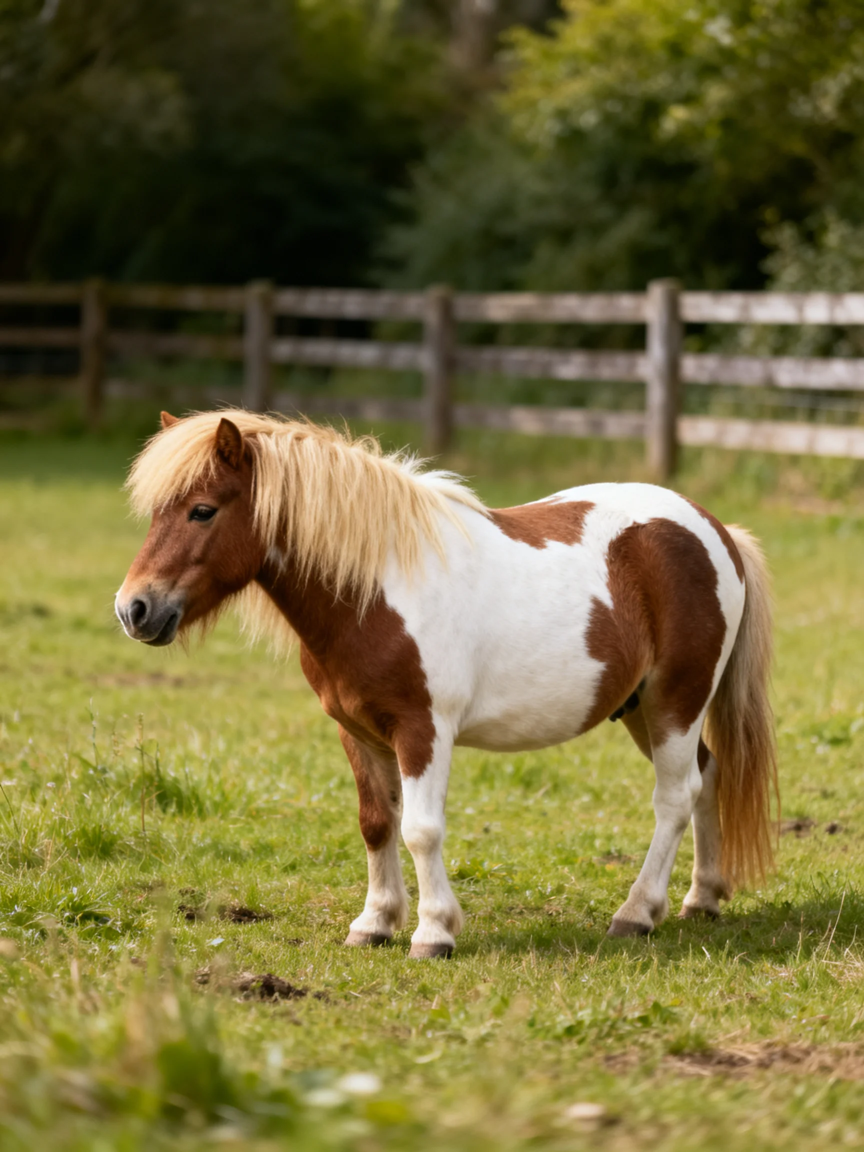 A brown and white spotted pony in a lush green pasture near a wooden fence