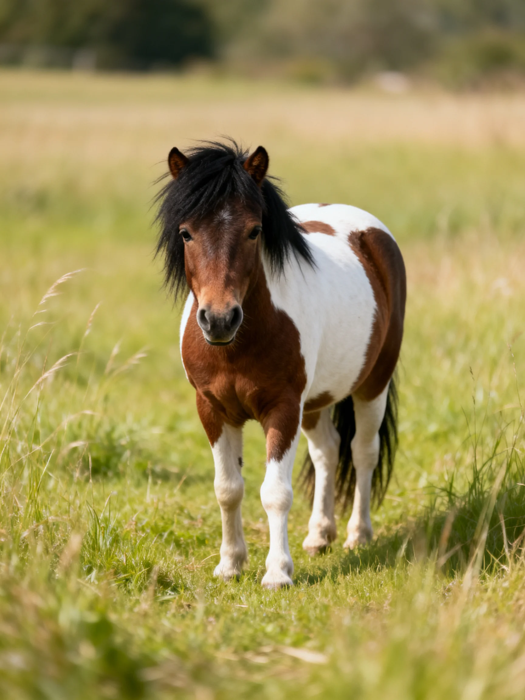 A brown and white spotted pony in a sunlit green meadow
