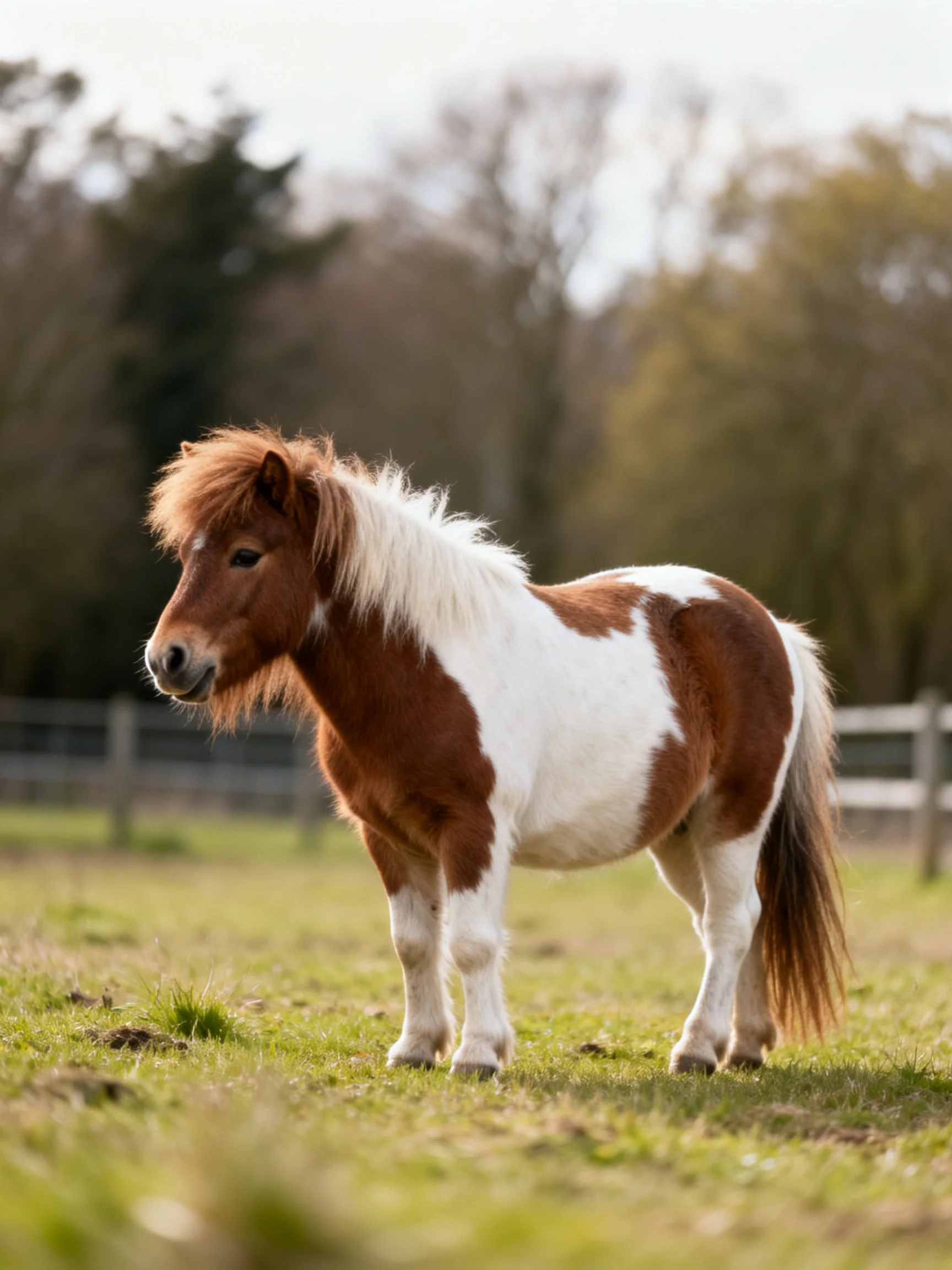 A brown and white spotted pony stands in a sunlit grassy field