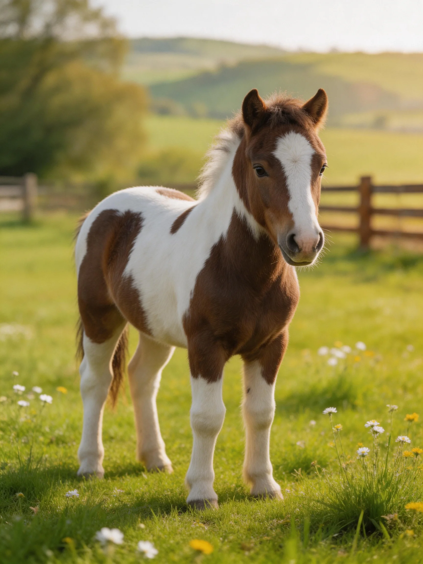 A brown and white spotted pony stands in a sunlit meadow