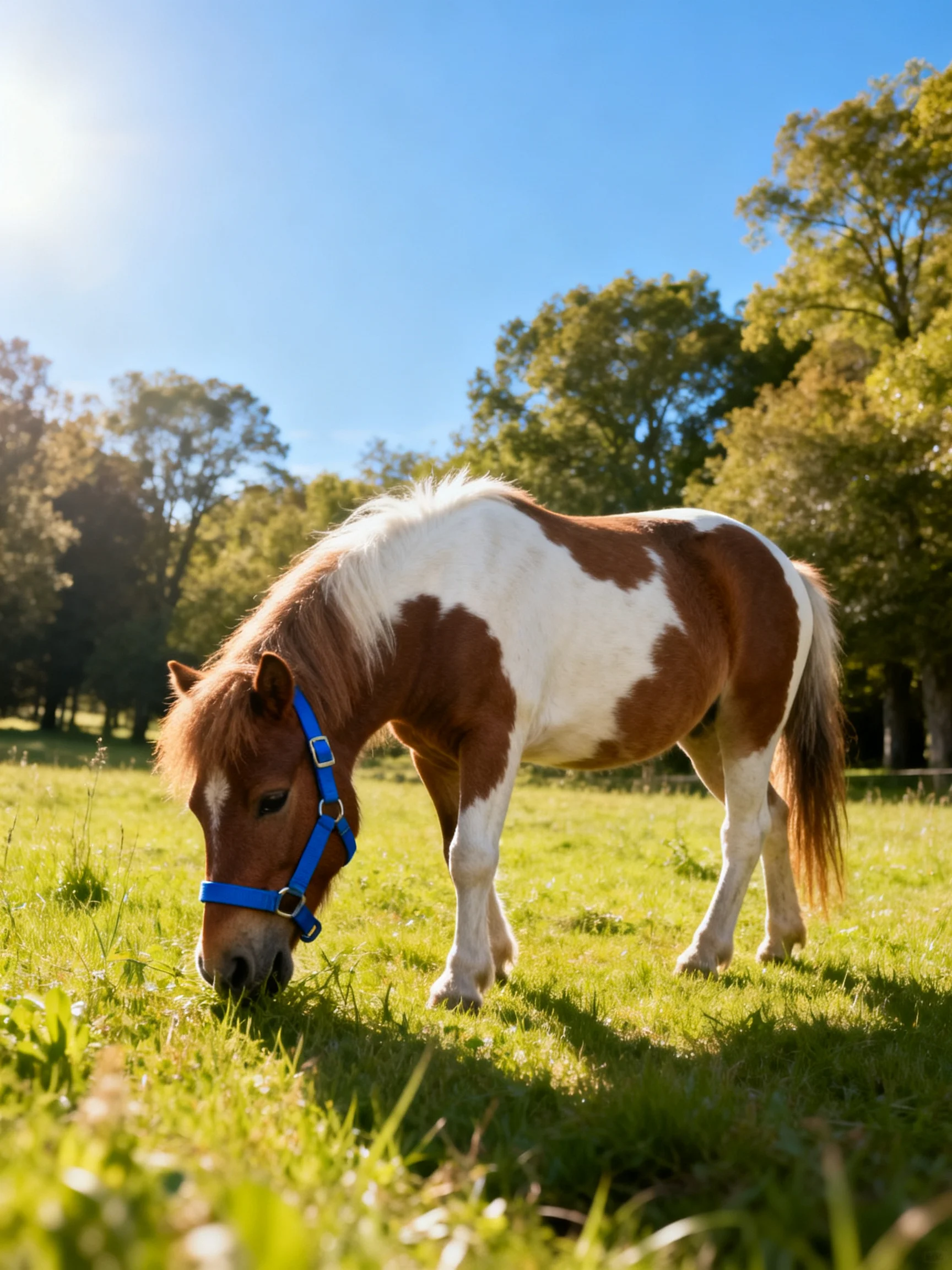 A brown and white spotted pony with a blue halter grazes in a sunny meadow