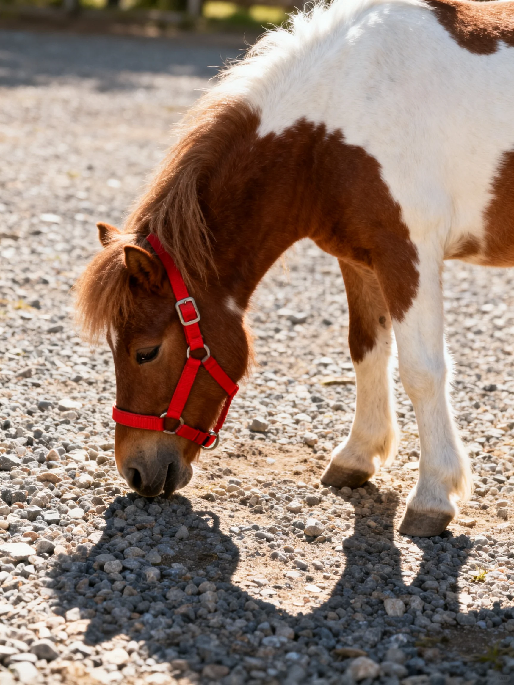A brown and white spotted pony with a red halter on gravel