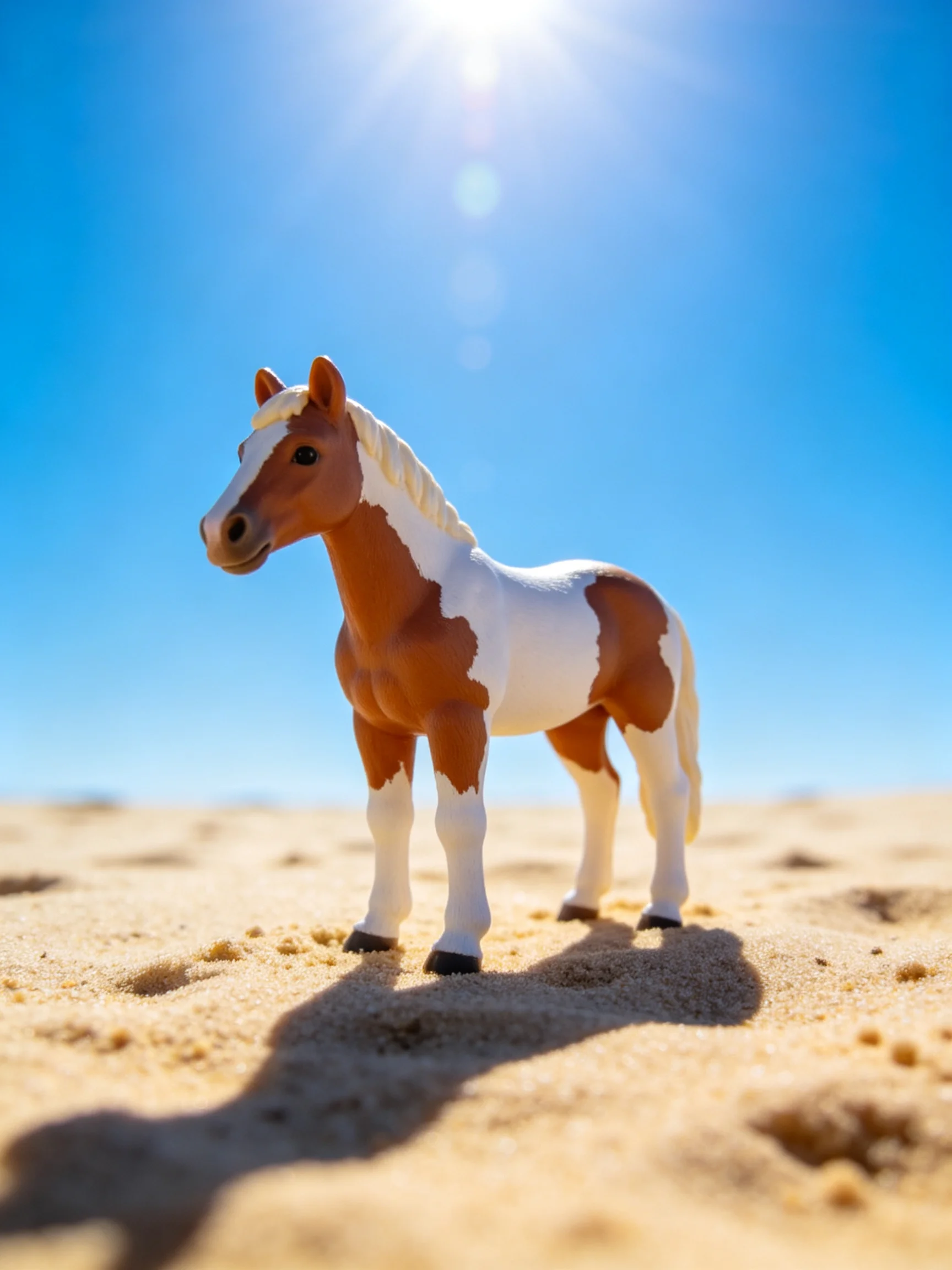 A brown and white toy horse stands on sandy terrain under a bright blue sky