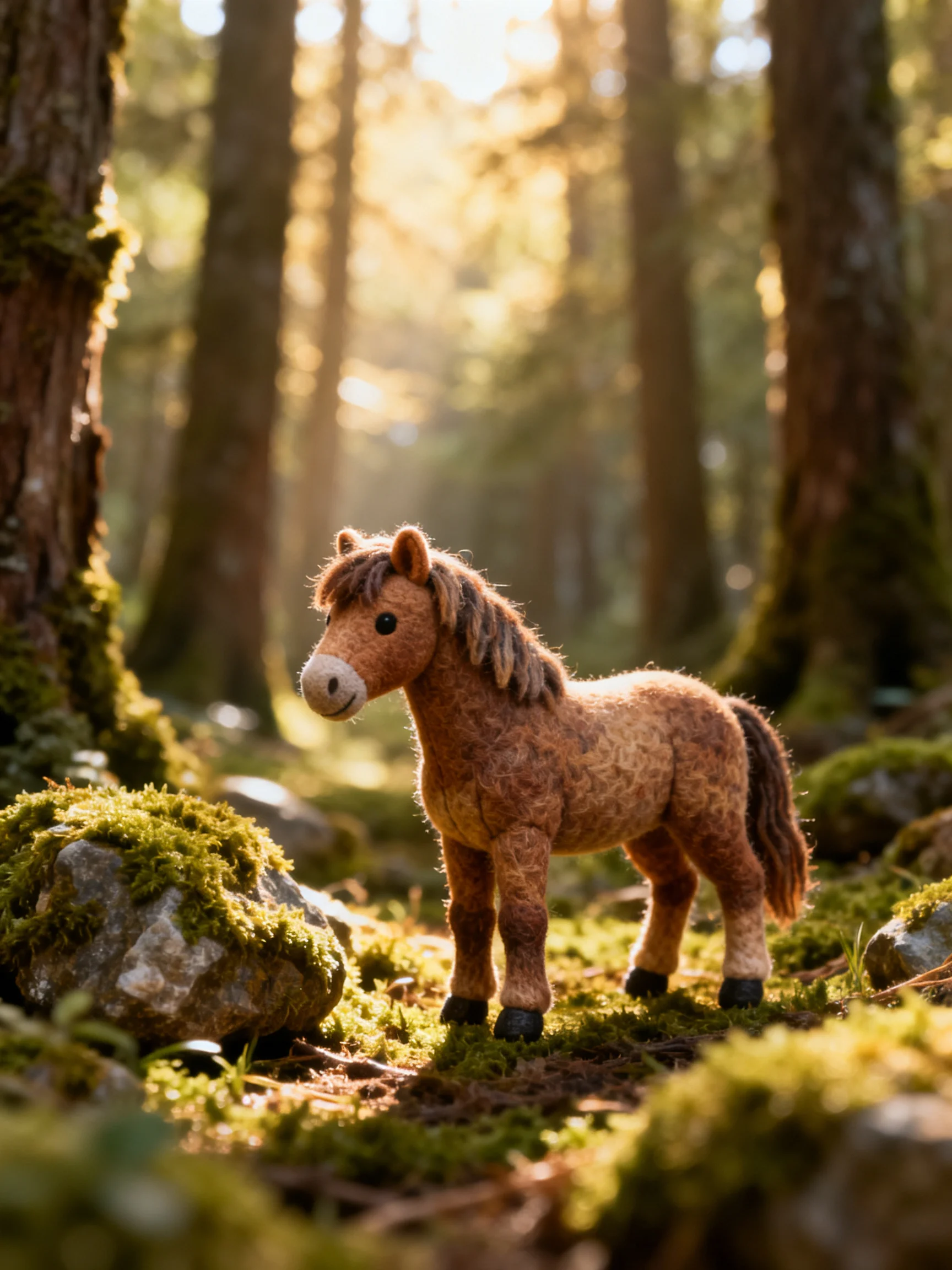 A brown felt pony stands among moss-covered rocks in a sunlit forest