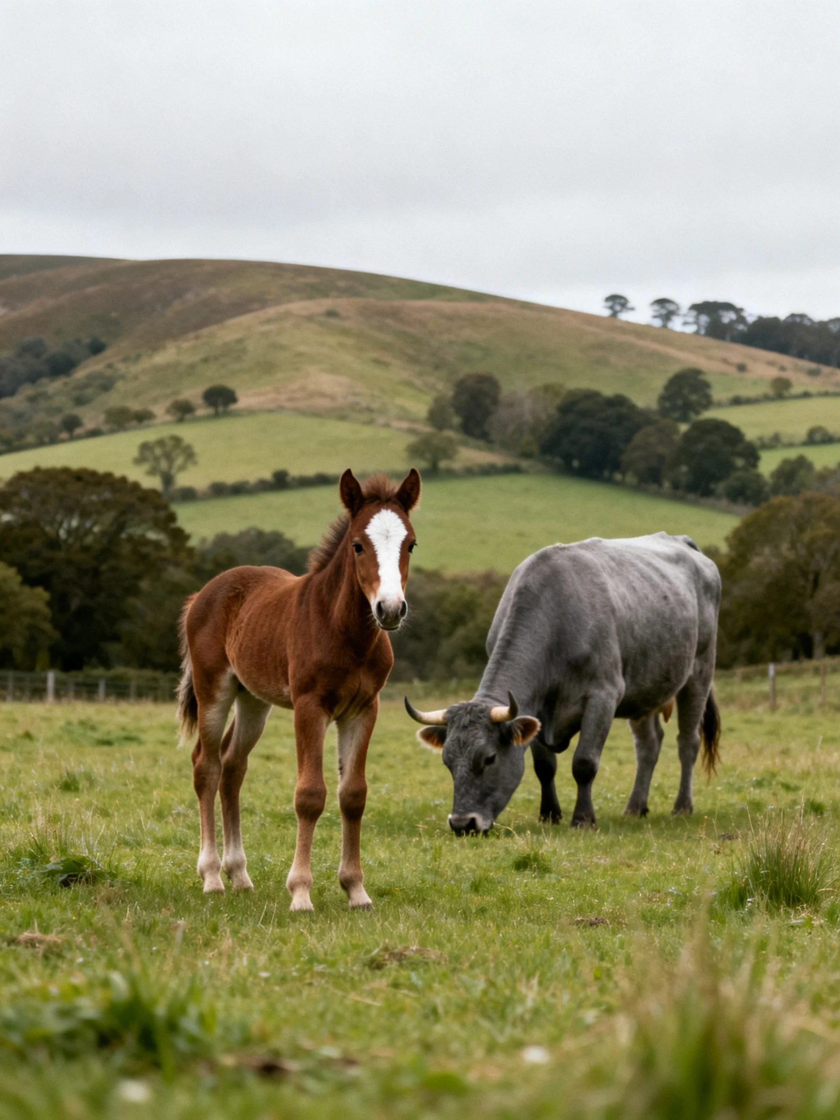 A brown foal and gray cow graze in a lush green pasture