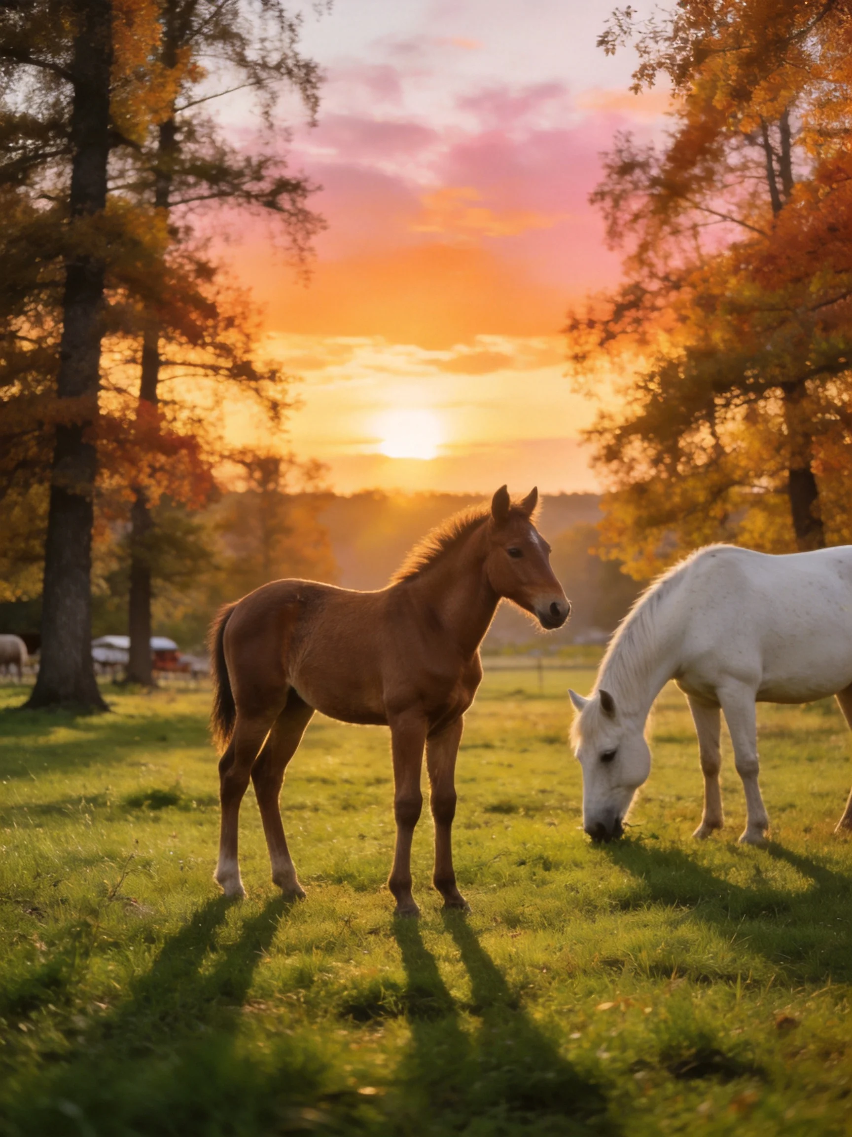 A brown foal and white horse graze in an autumn sunset meadow