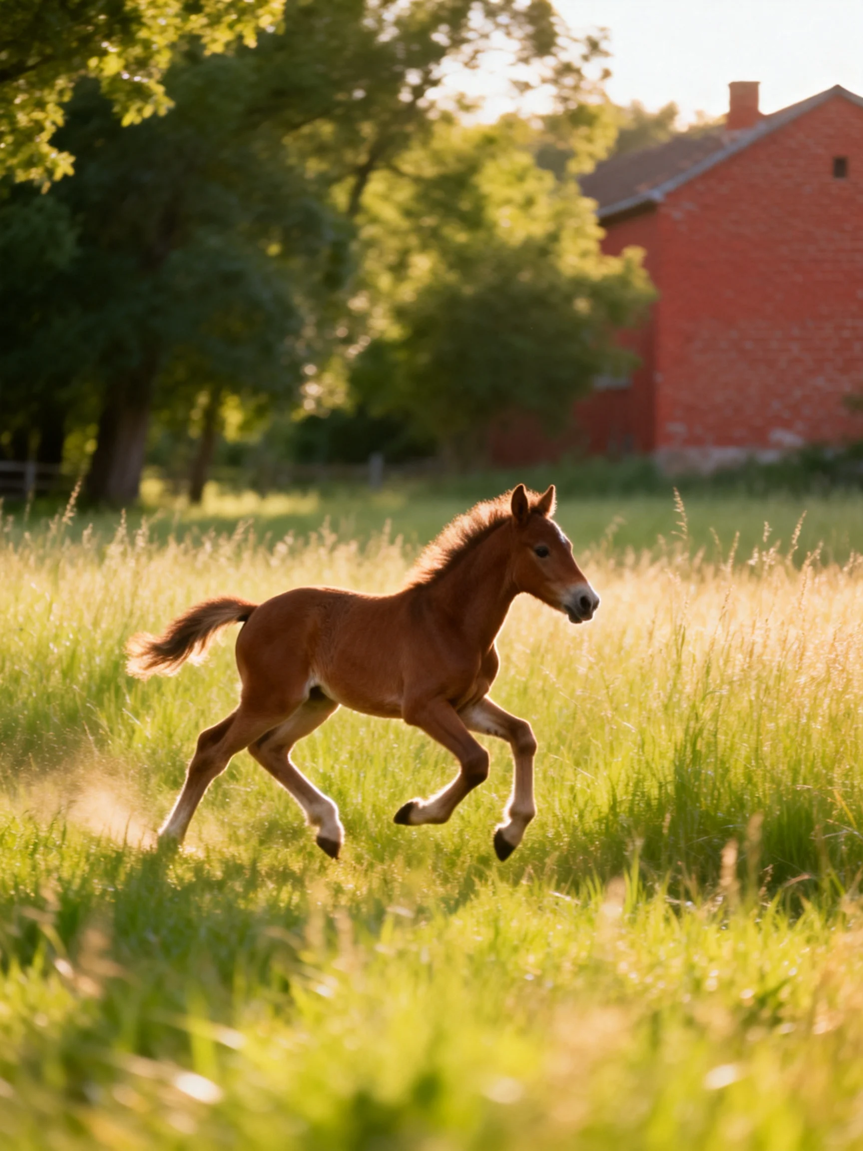 A brown foal galloping through a sunlit green meadow near a red barn