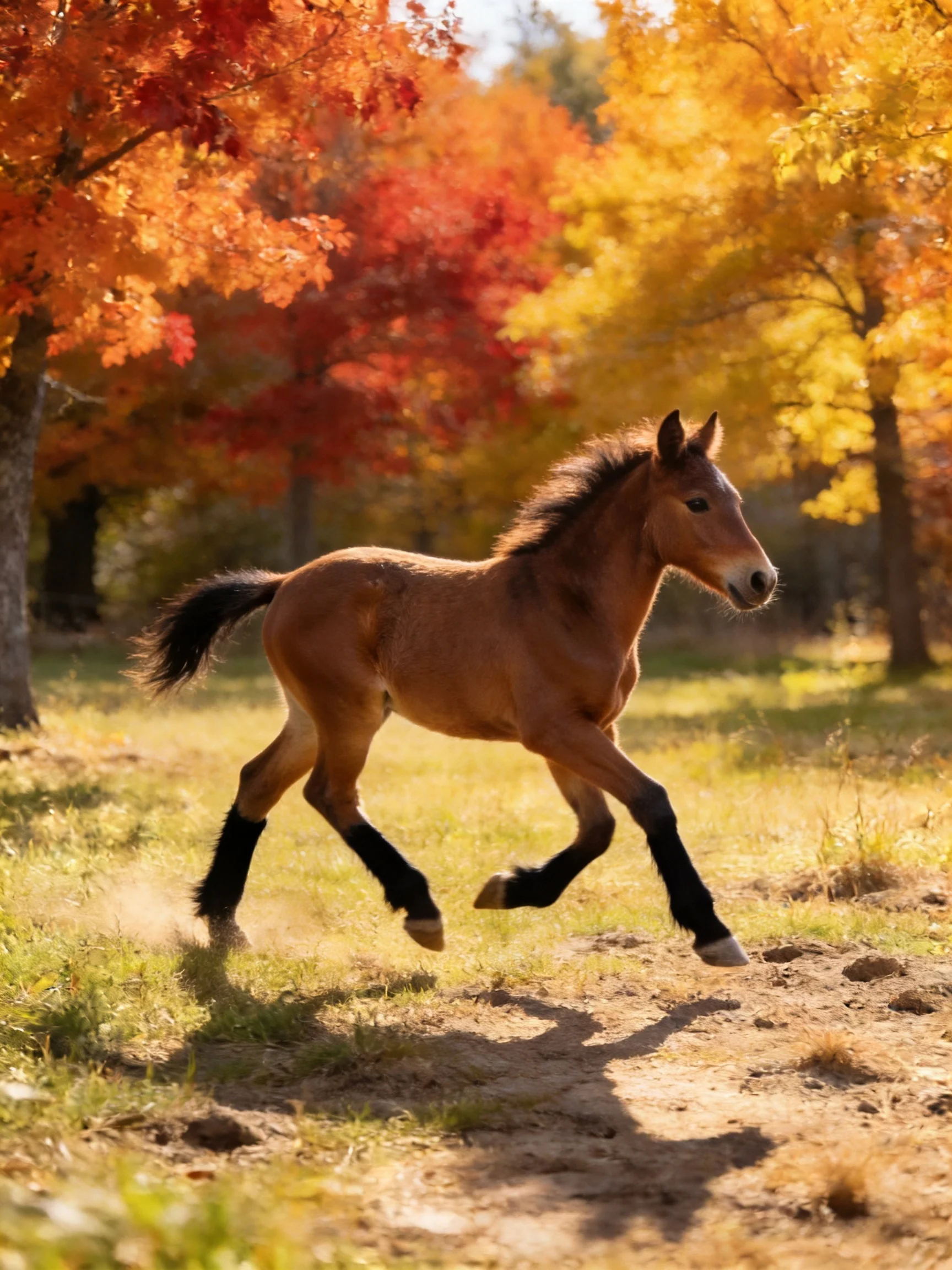 A brown foal gallops through an autumn forest with vibrant fall foliage