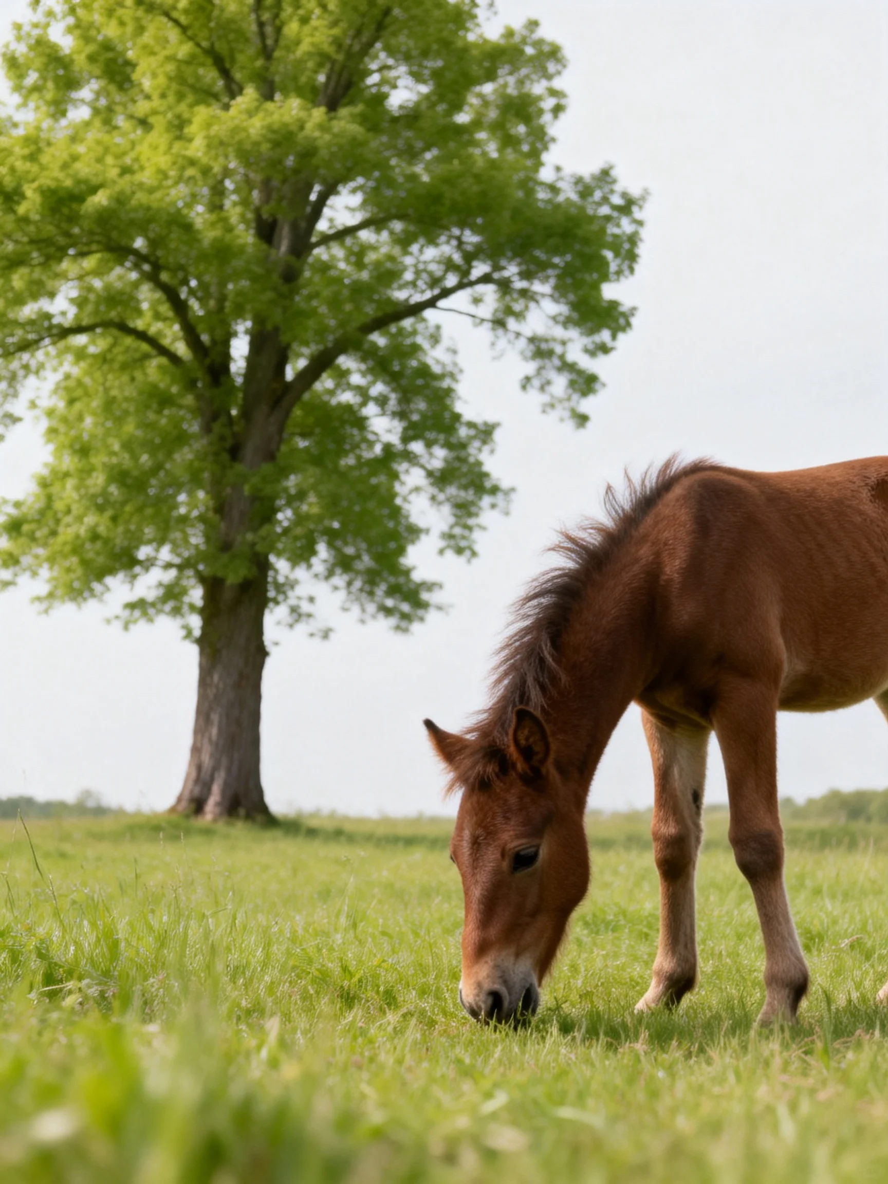 A brown foal grazes near a large green tree in an open meadow