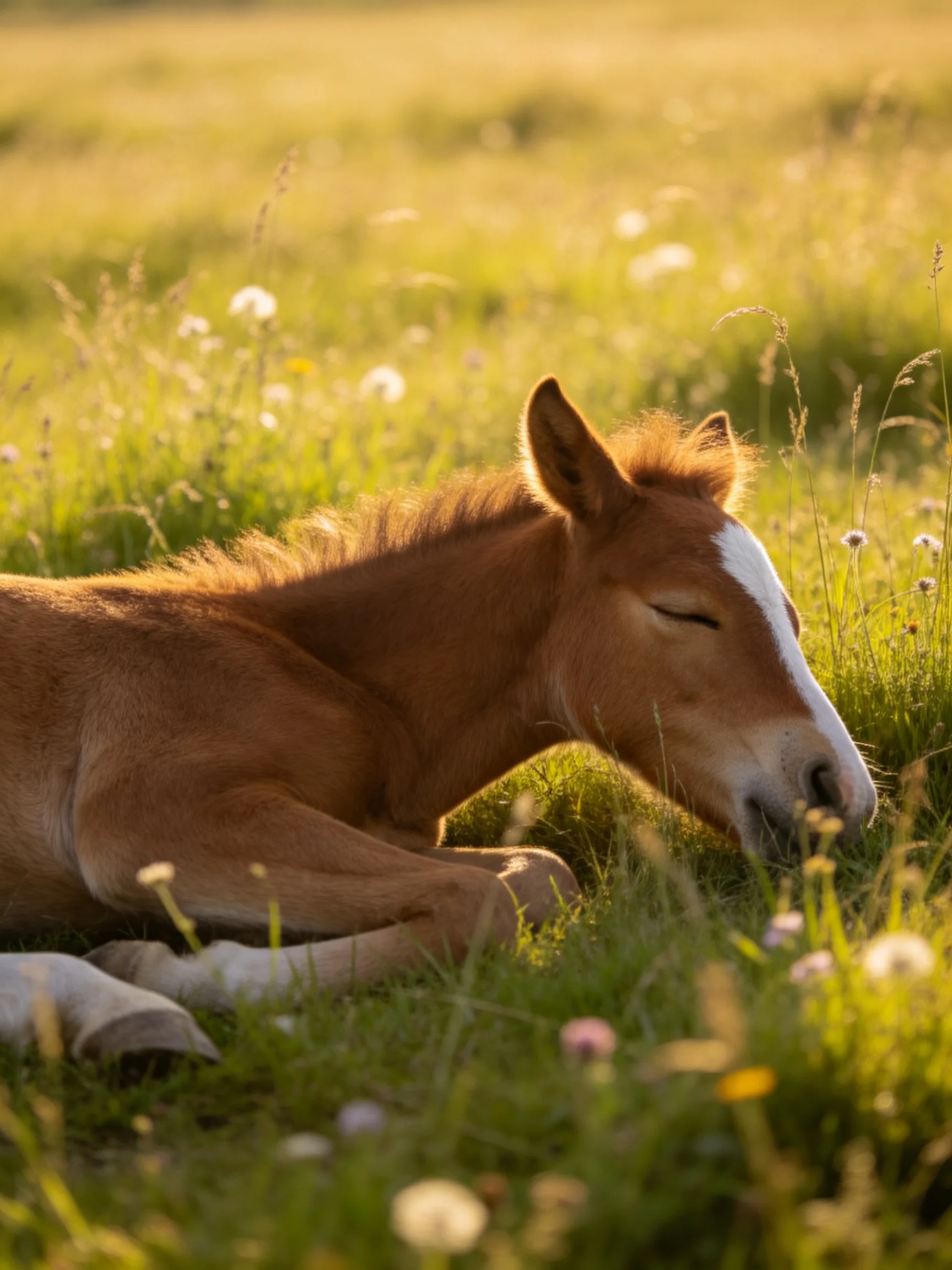 A brown foal rests in a sun-drenched meadow of tall green grass