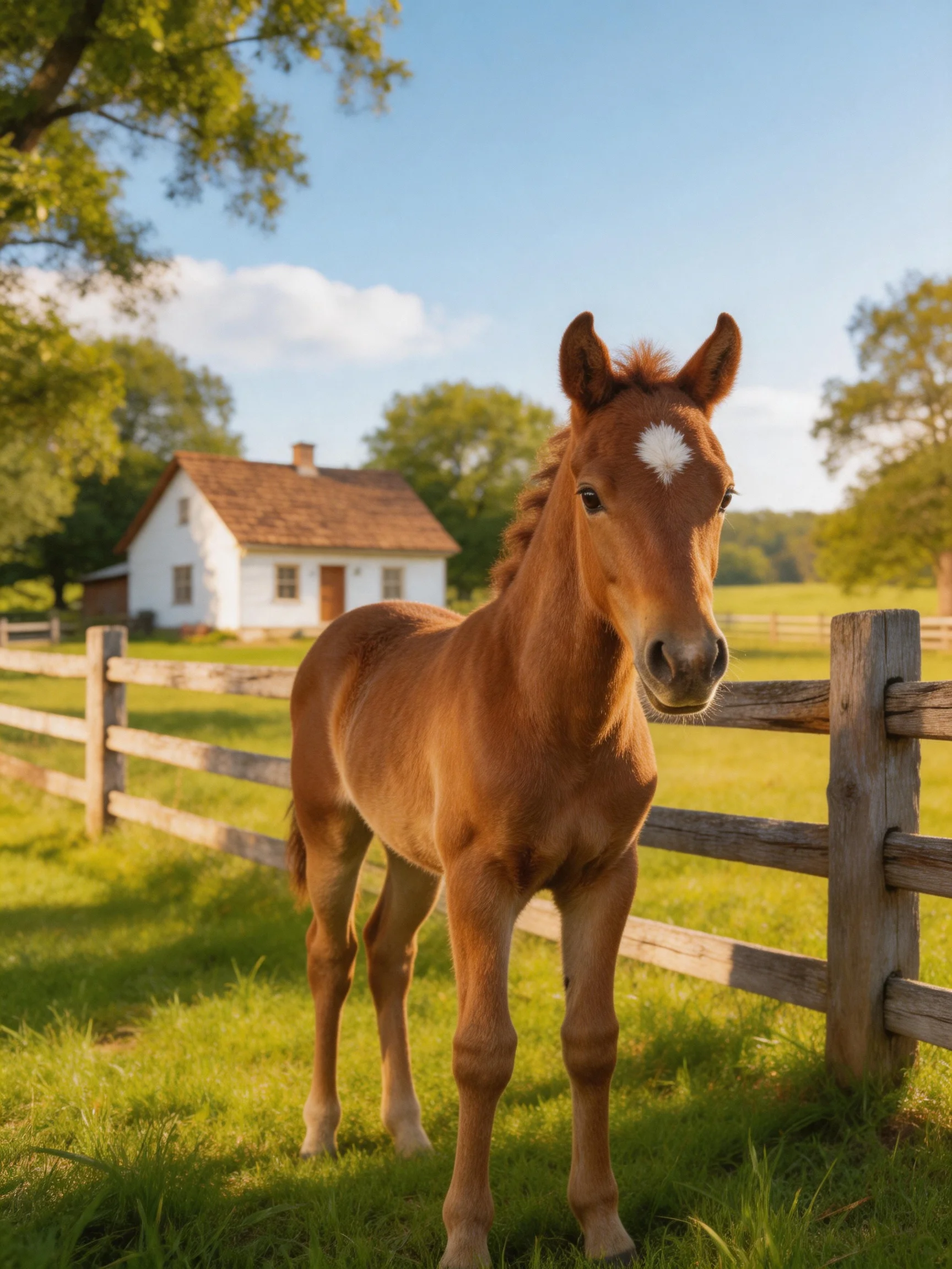 A young brown foal is near a wooden fence with a white farmhouse in the distance
