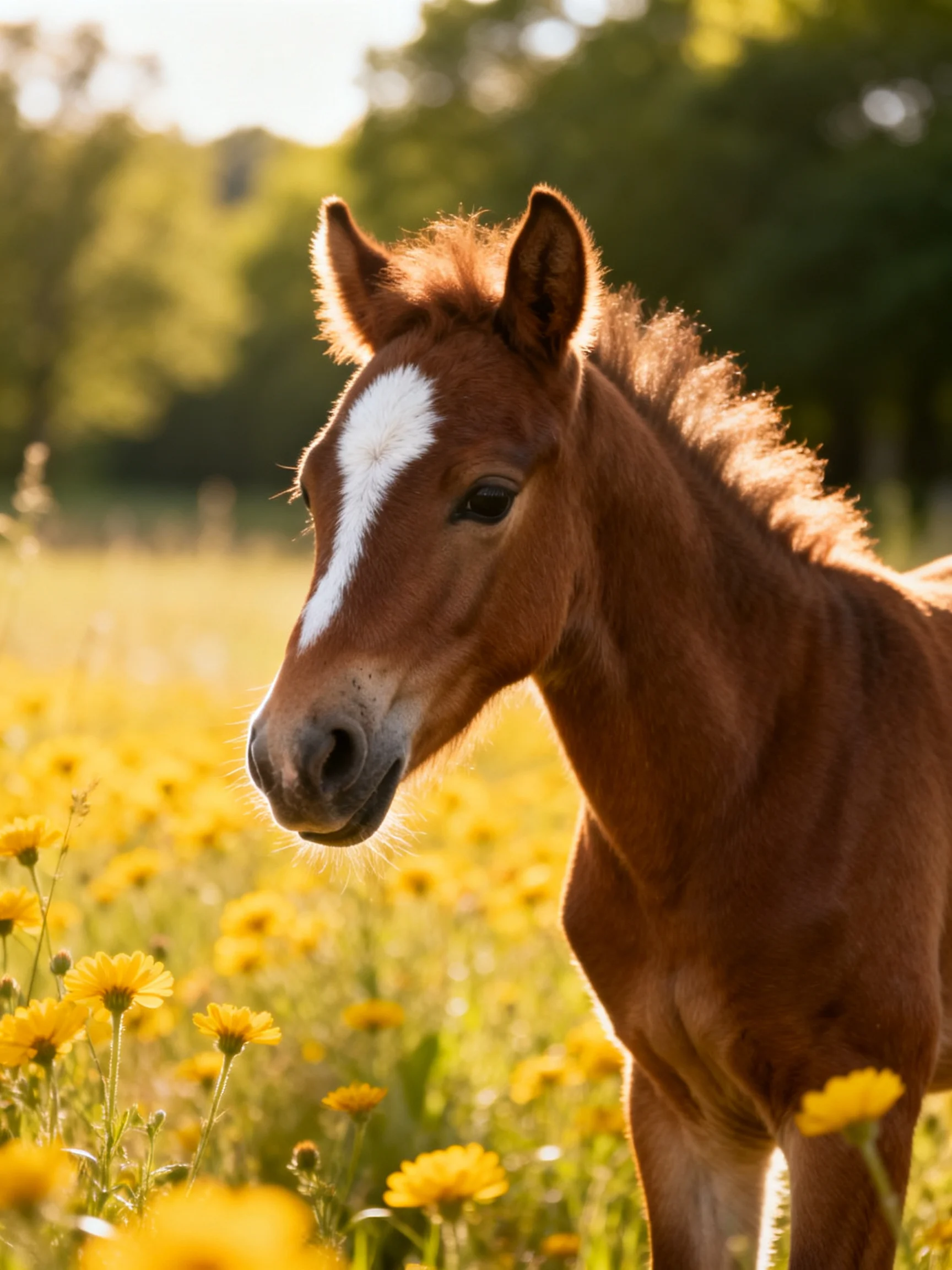 A brown foal with a white blaze amid yellow wildflowers
