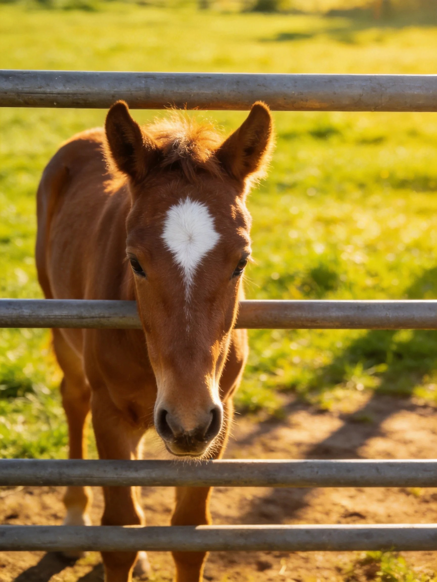 A brown foal with a white blaze near metal fence rails