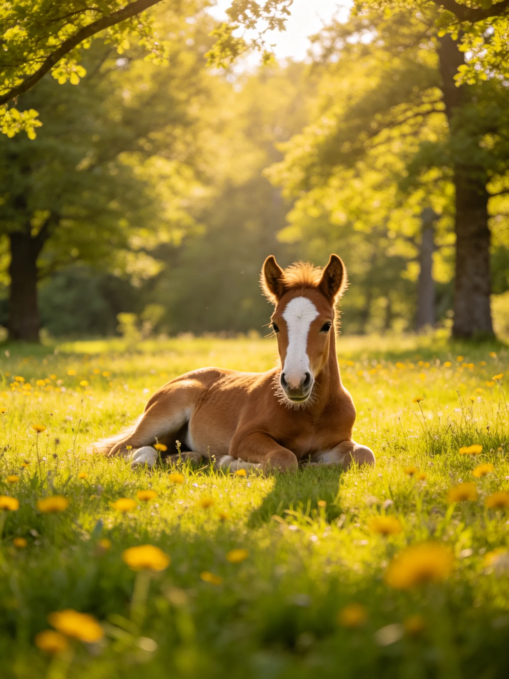 A brown foal with a white blaze rests in a sunlit meadow