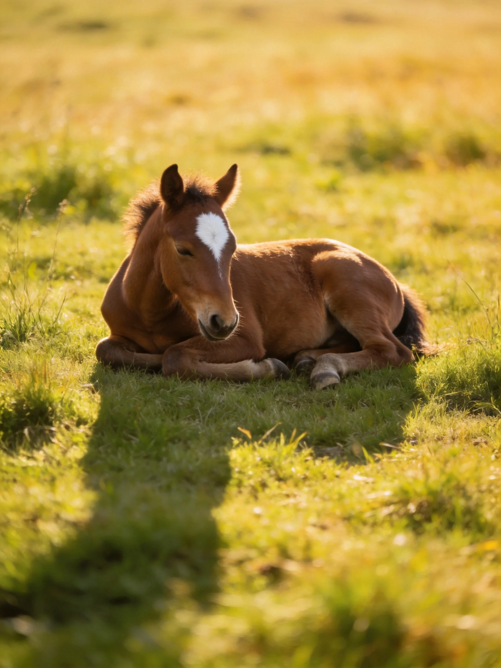 A brown foal with a white blaze rests on sun-drenched green grass