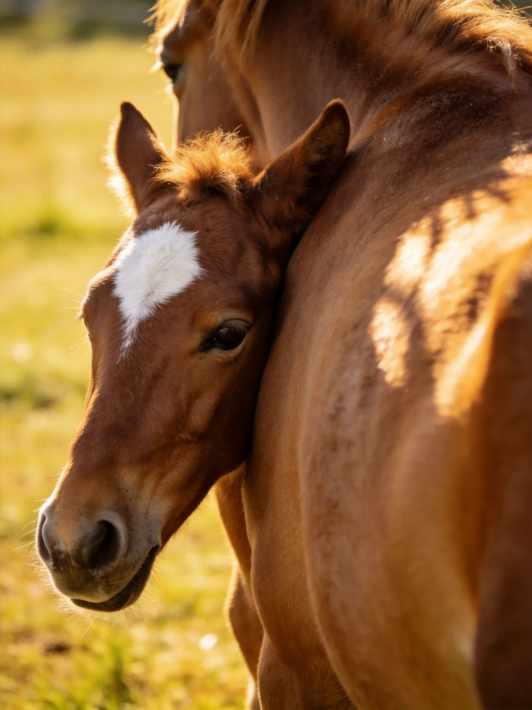 A brown foal with a white mark cuddles an adult horse in a sunlit field