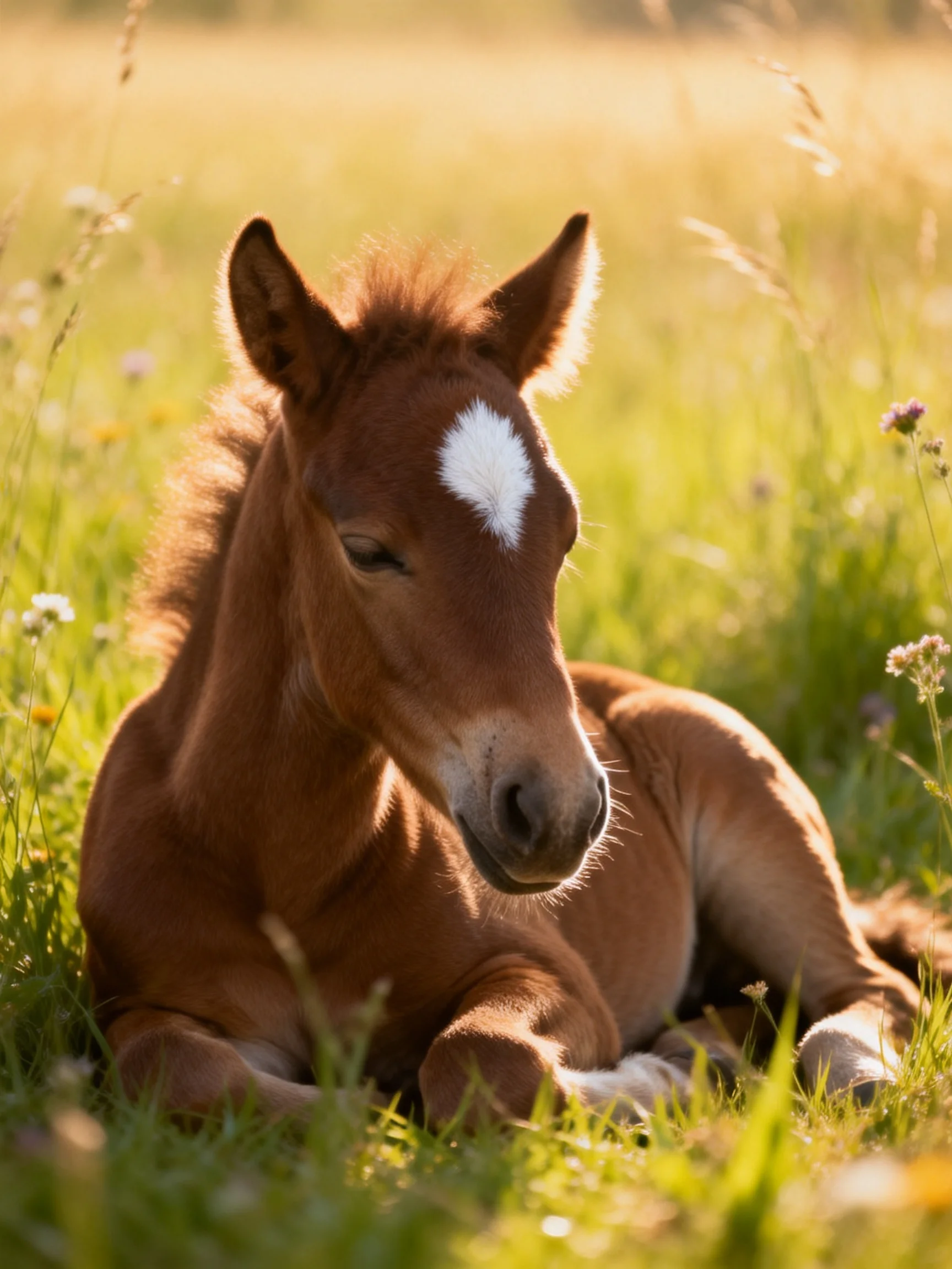 A brown foal with a white marking rests in a sunlit meadow